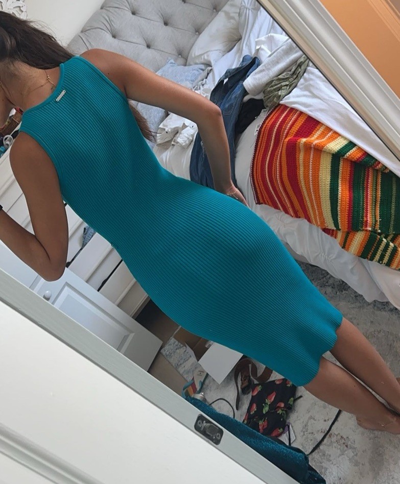 Michael Kors Teal Turquoise Bodycon Midi Dress Silver O Rings Size XS