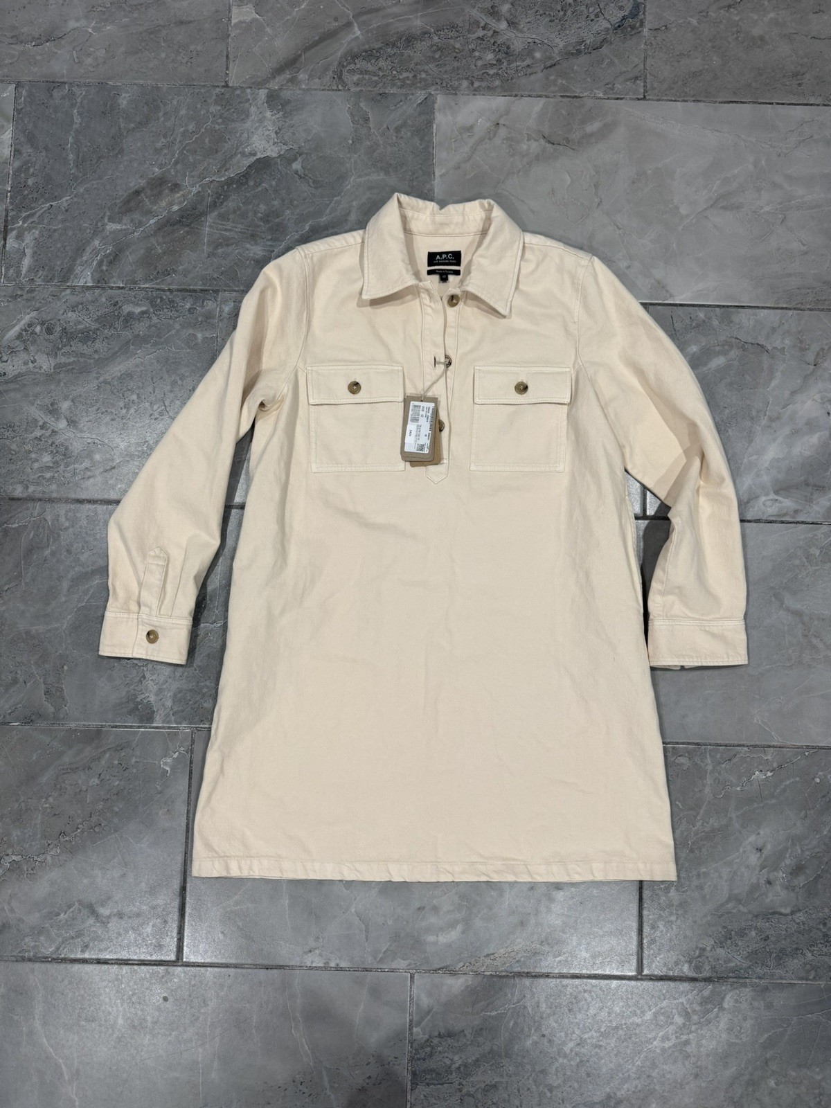 New with Tags A.P.C. RUE MADAME PARIS Beige Denim Shirt Dress Size 42 Tunisia
