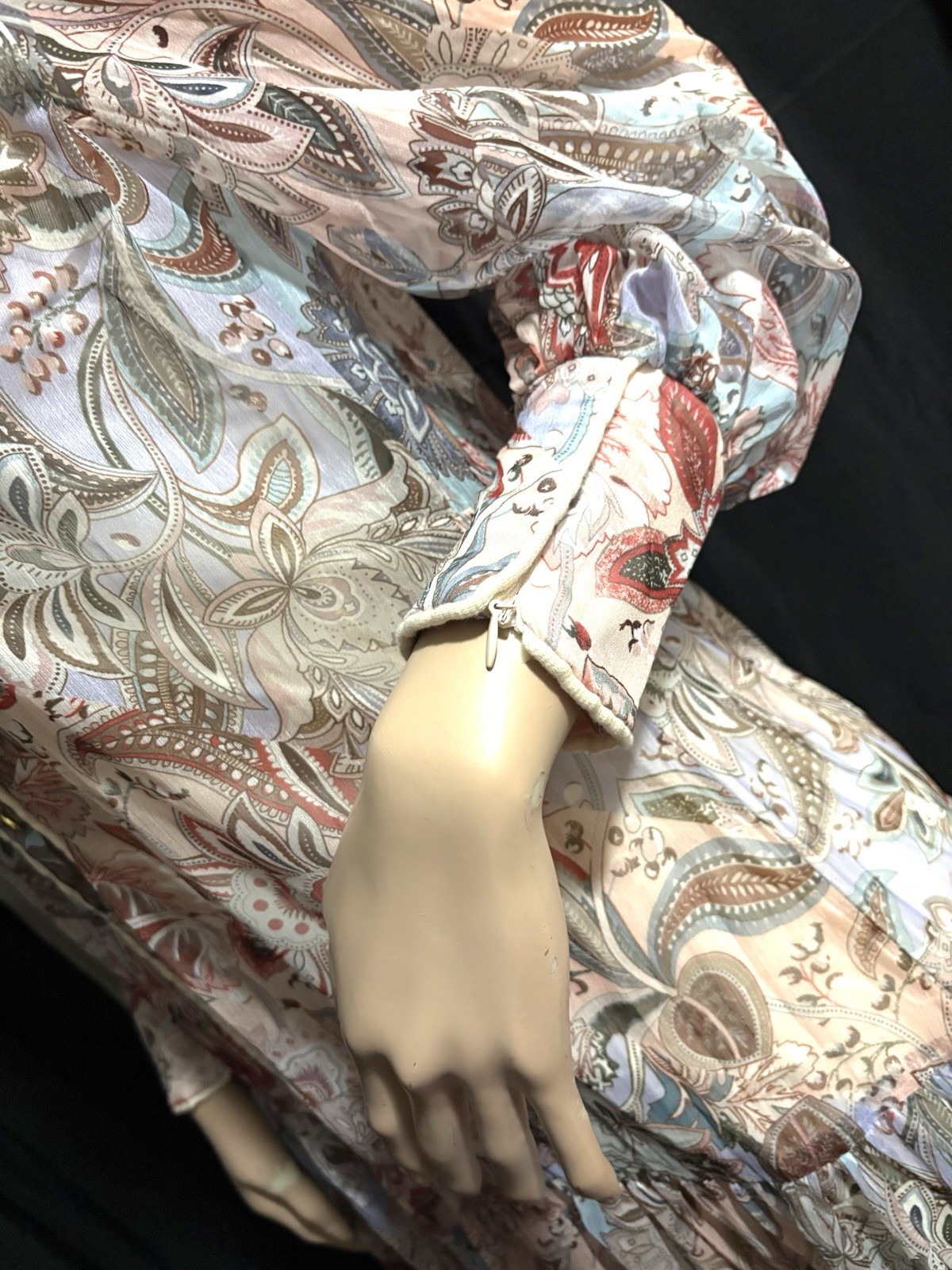 UNKNOWN JACOBEAN PRINT GEORGETTE W/SLIP IVORY, COPPER + MULTI, MAXI DRESS SMALL
