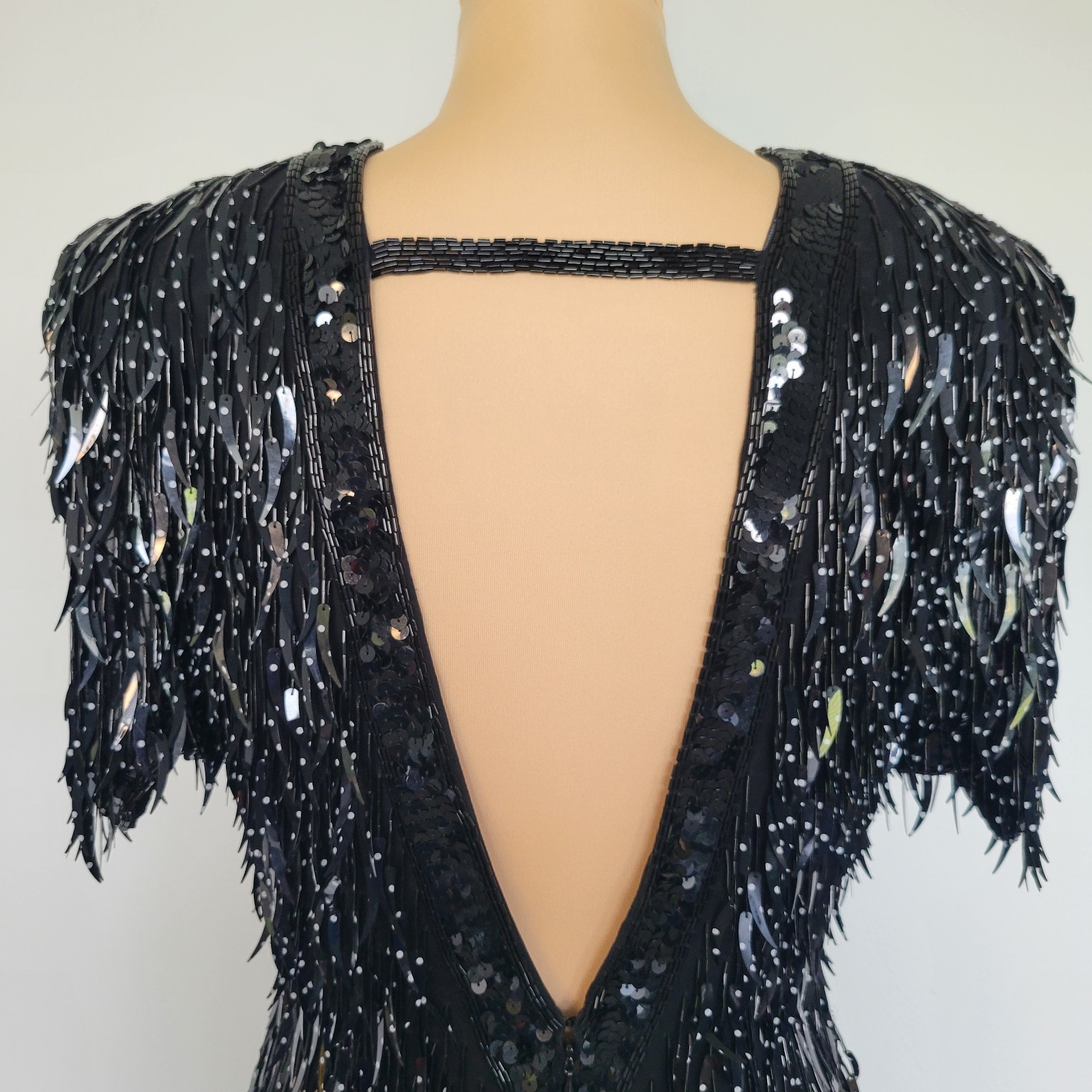 Vintage 100% Silk Black Polka Dots Sequined Beaded Fringe V-neck Dress Sz Medium