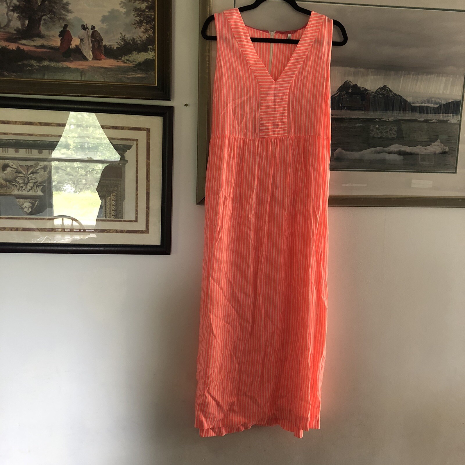 Joules Bright Orange Pink Stripe Sleeveless Maxi Dress Sz 14 A549