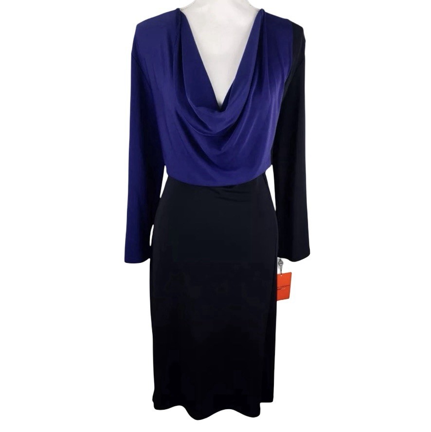 Narciso Rodriguez NWT Black & Cobalt Blue Cowl Neck Colorblock Dress Size XL