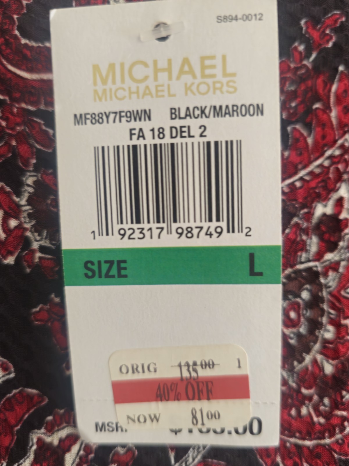 NWT Michael Michael Kors Black Maroon Paisley Faux Wrap Ruffle Sleeves Dress L