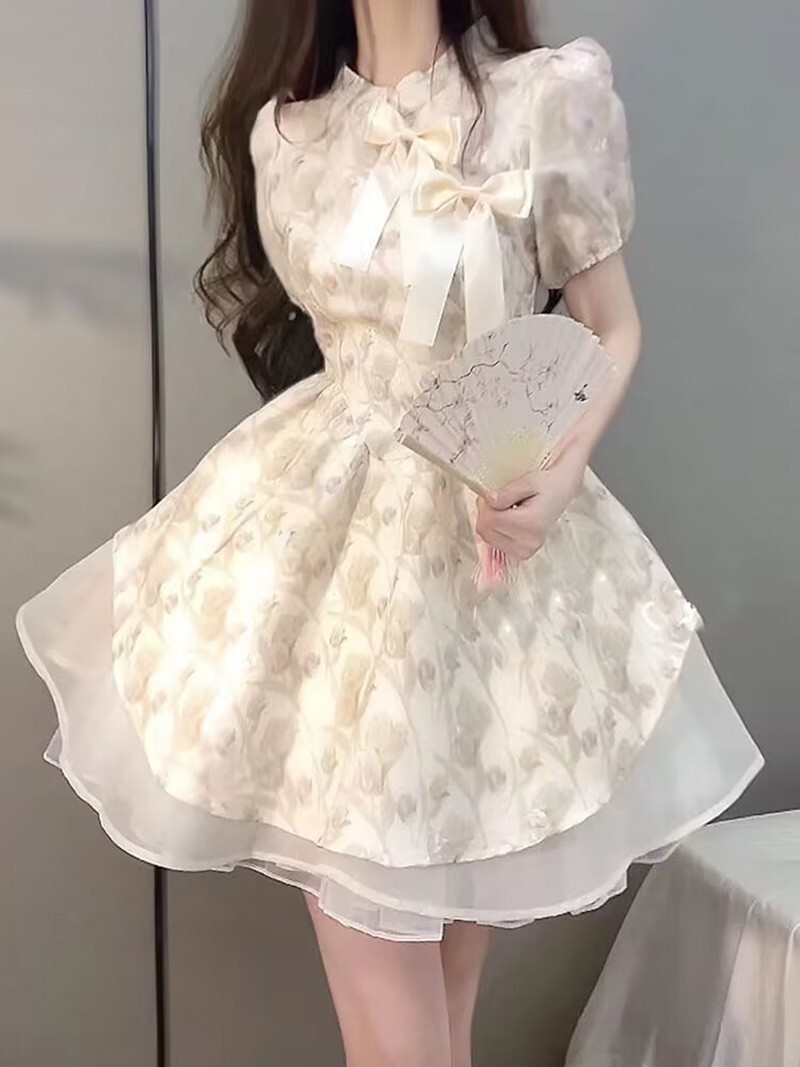 Cute Princess Womens Girls Floral Qipao Dress Bow Sweet Students Short Dress