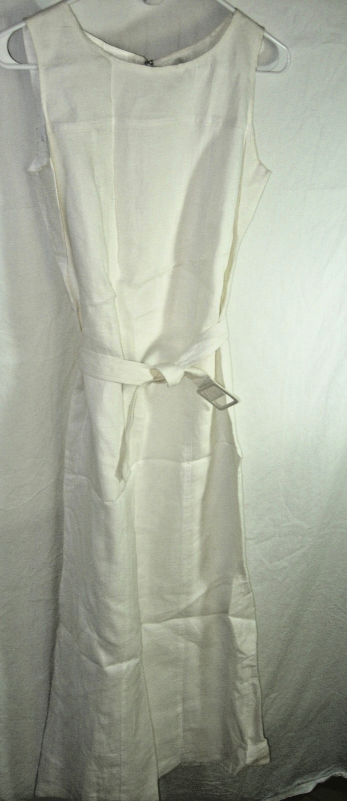 WOMENS OFF white linen lined SHEATH DRESS CAREER COMFORT wedding SLIT SIZE S 34″