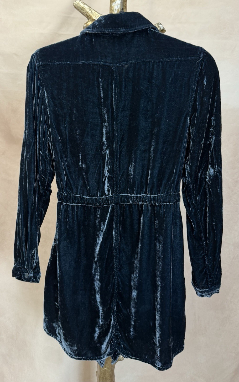 Coldwater Creek Blue Silk Blend Velvet Button Up Drawstring Dress Size XS (4)