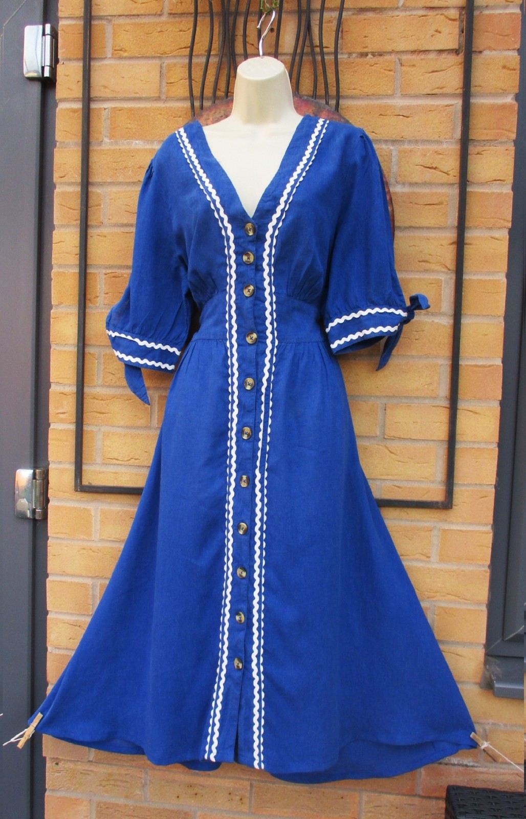 Monsoon Lita Size L 16 18 Blue Rik Rak Dolly Style Linen Blend Midi Dress