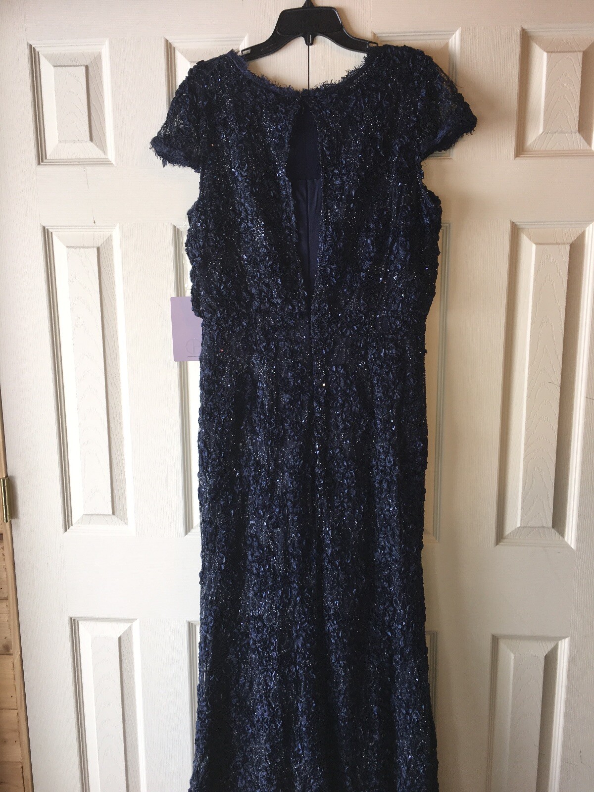 JS COLLECTIONS Navy Sequined Soutache Lace Blouson Bodycon Gown SZ 12 NEW