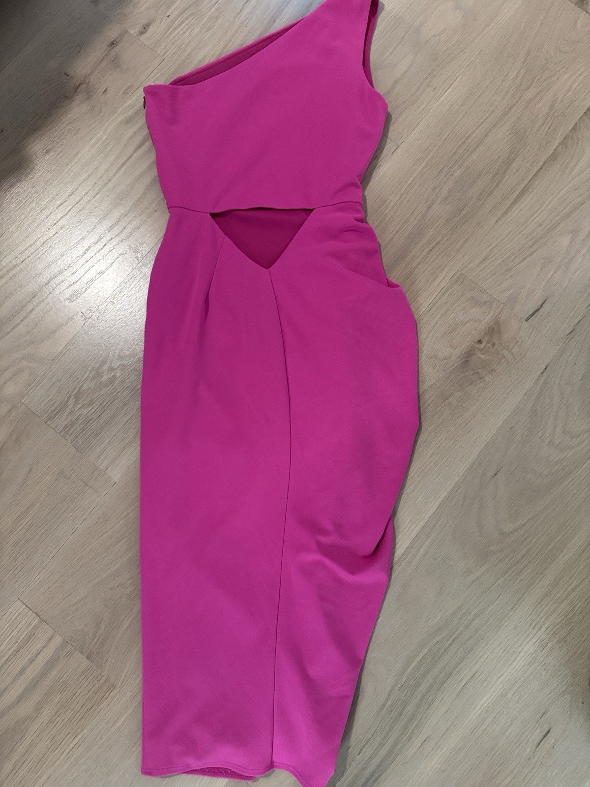 Katie May Pink Solid One Shoulder Cutout Ruched Bodycon Midi Dress S