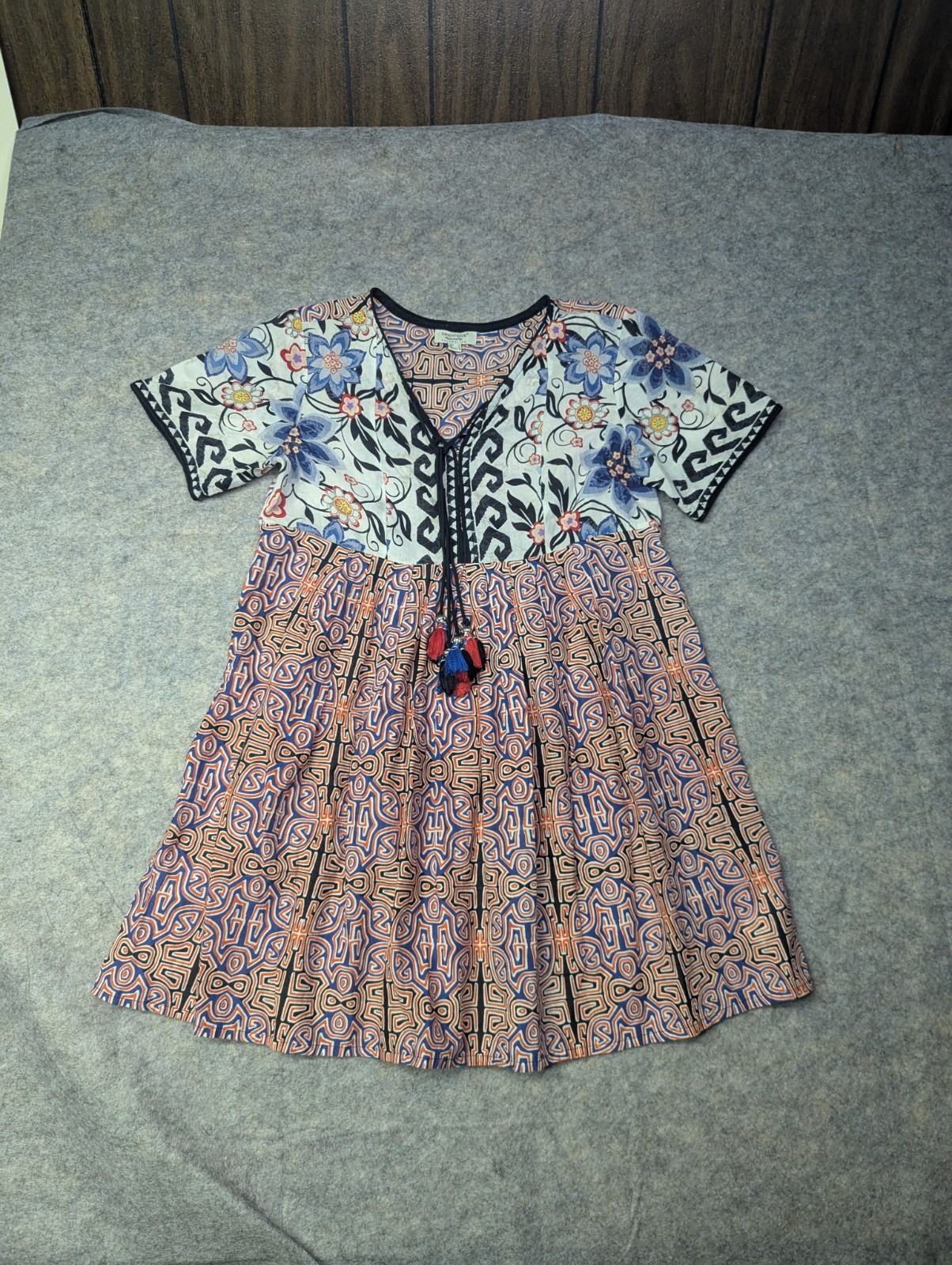Orientique Naturally Australian Dress Sz Small Geometric Pattern Tassel Mini
