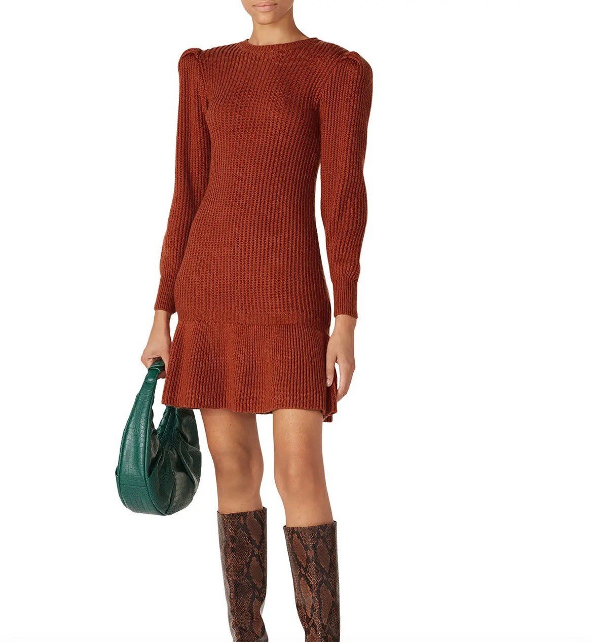 Love, Whit Knit Long Sleeve Mini Dress Cognac Rust Brown XS Stretch