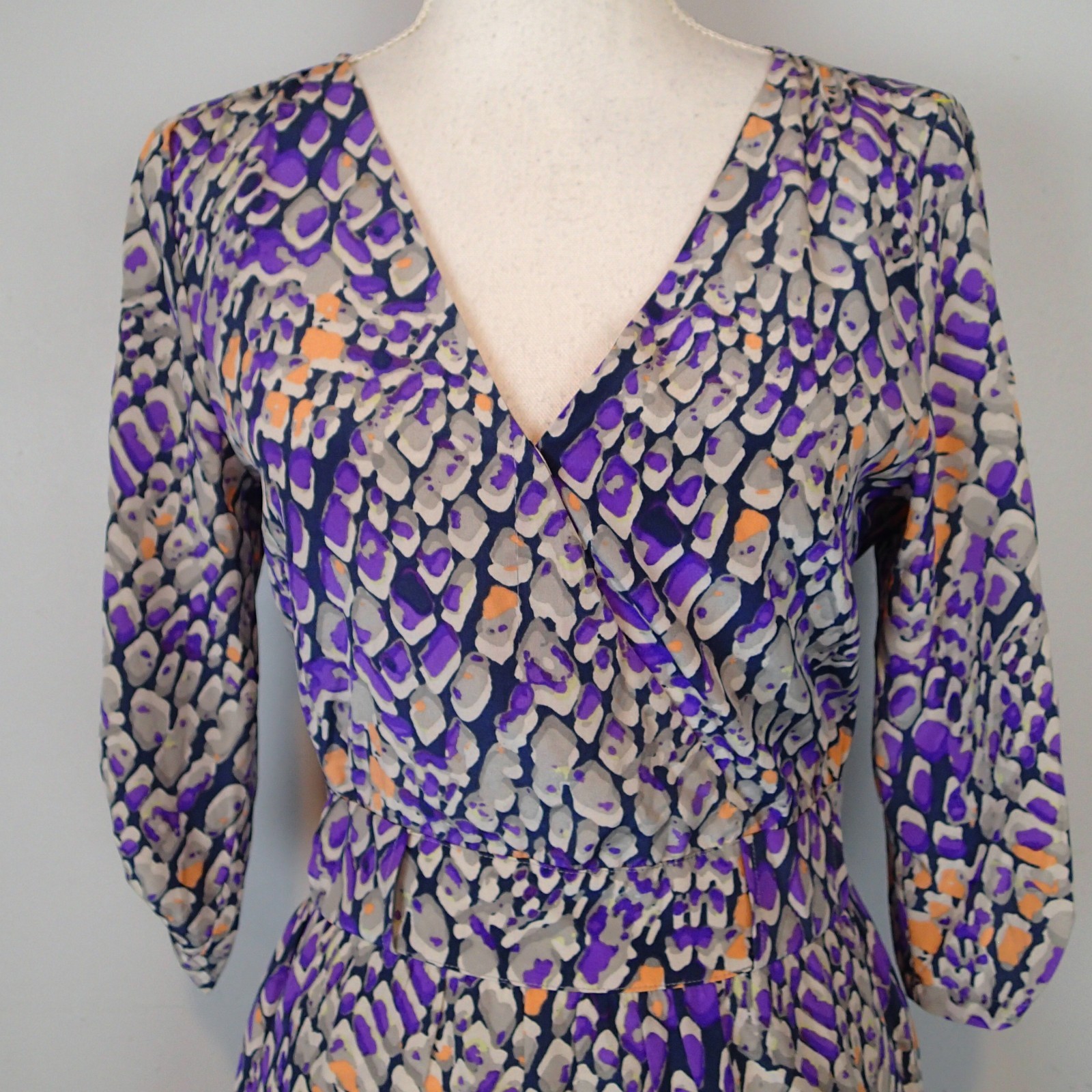 Presley Skye Dress xs Gray Purple Wrap Silk Roll Tab Sleeve v neck pockets