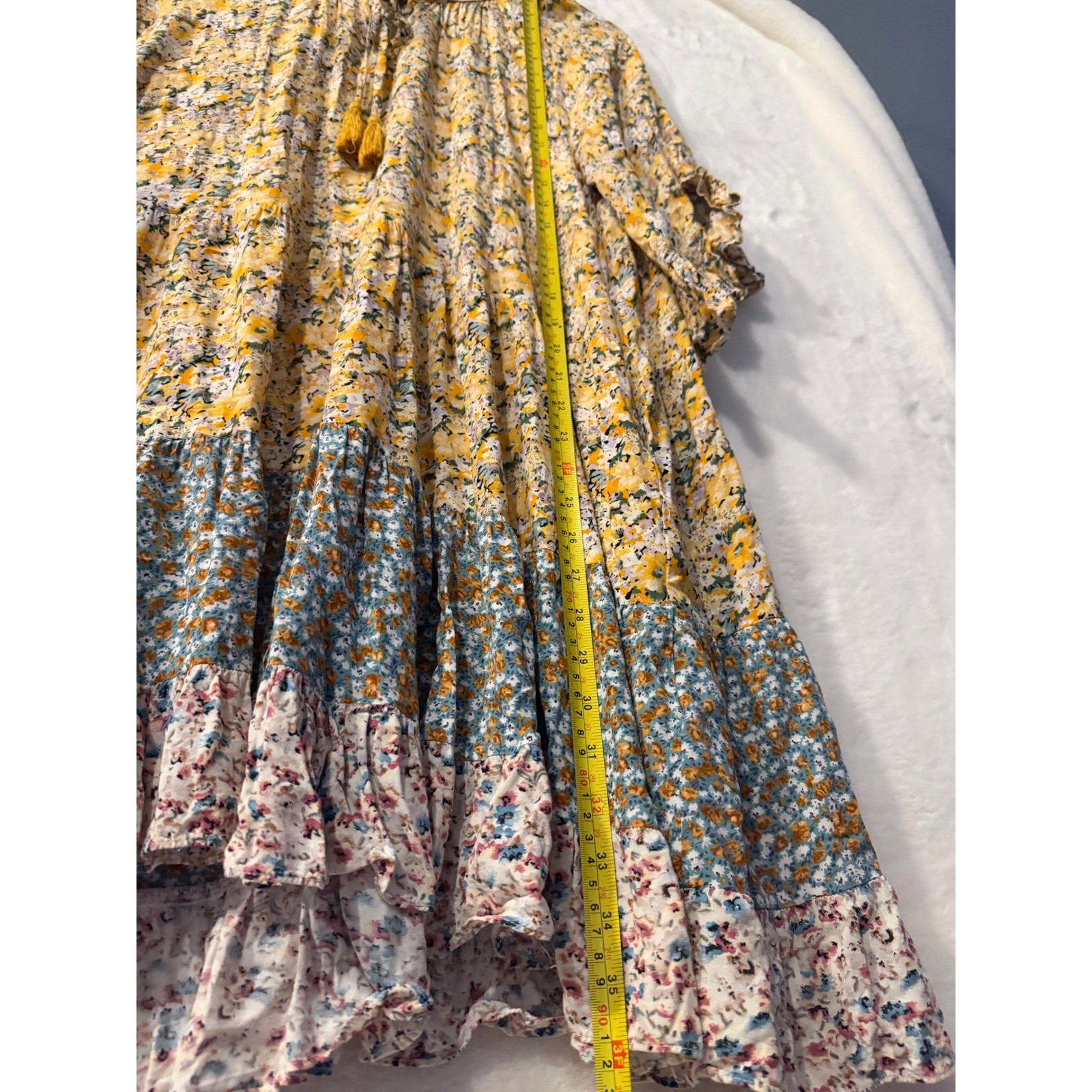 GIGIO USA Yellow Floral Tiered Boho Mini Dress Tassel Tie TC1910 Medium
