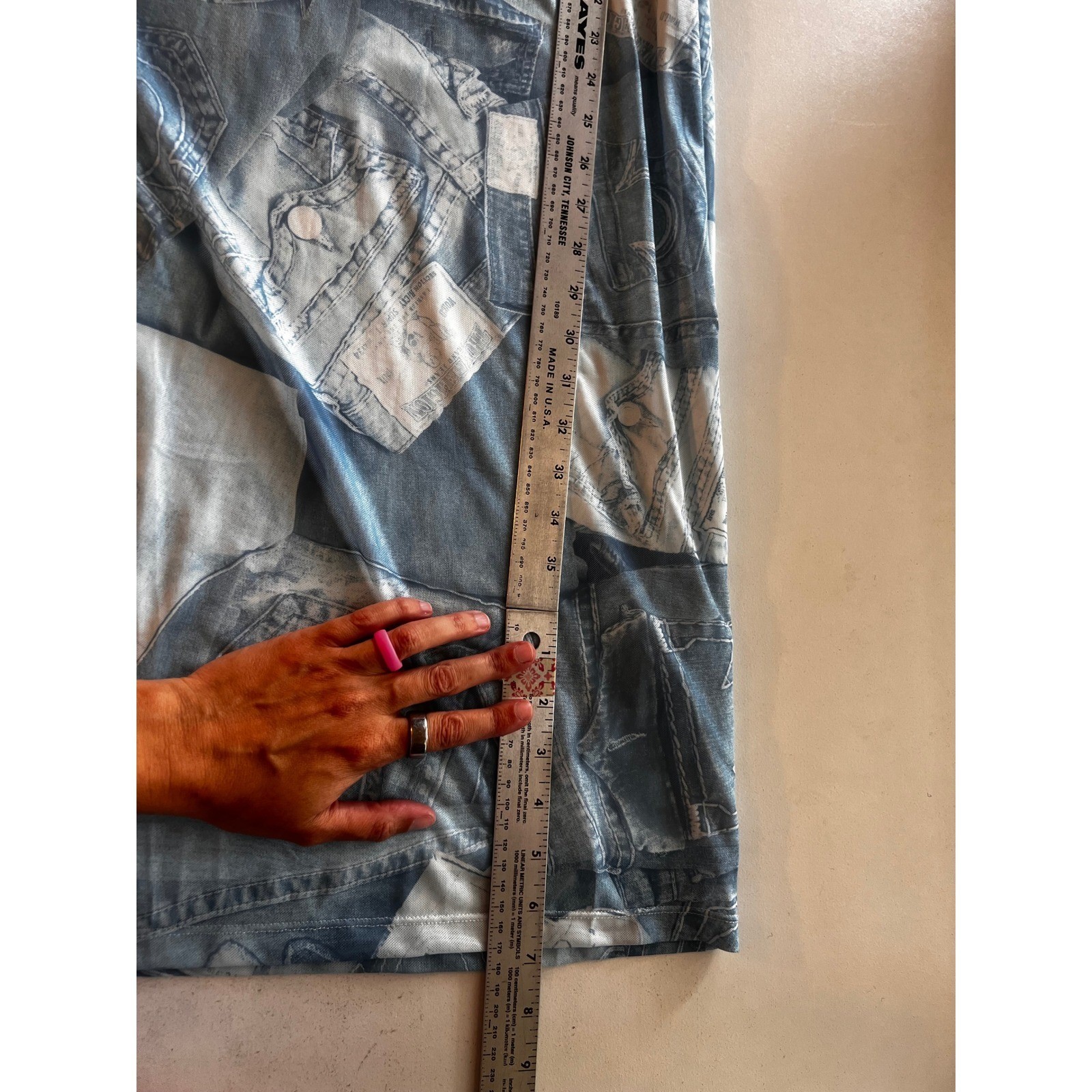 True Religion Denim Print Mesh Lined Midi Dress Blue AOP Bodycon S NEW 90s Y2K