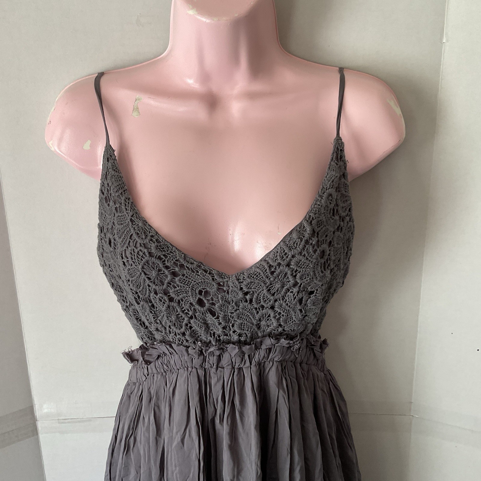 WISHLIST Maxi Dress Large Gauzy Gray BOHO Flowing Crochet Fairy Empire Waist