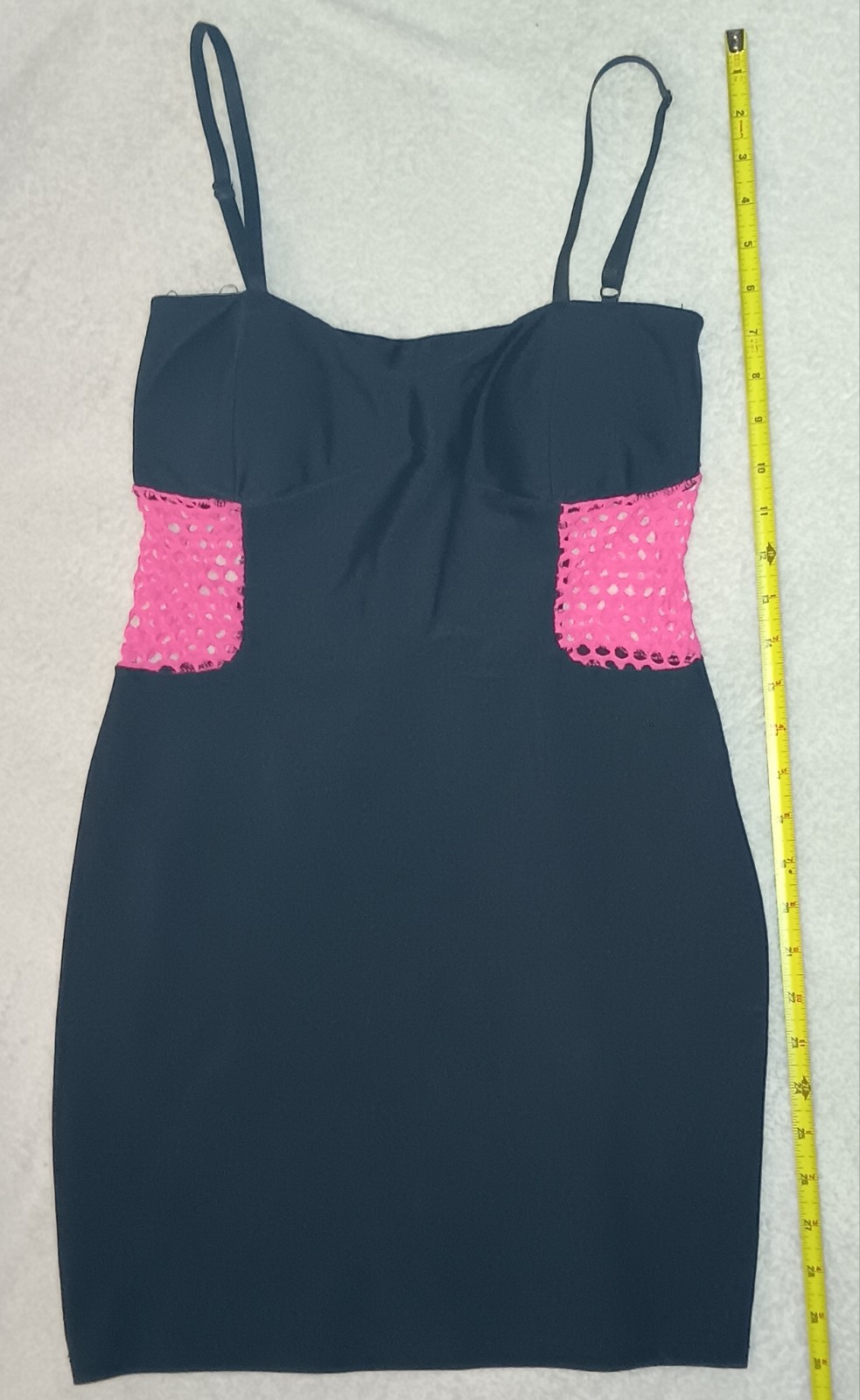 ​💖 Sexy Black Mini Dress Neon Pink Fishnet Cutout Sides Bodycon Club Party~L
