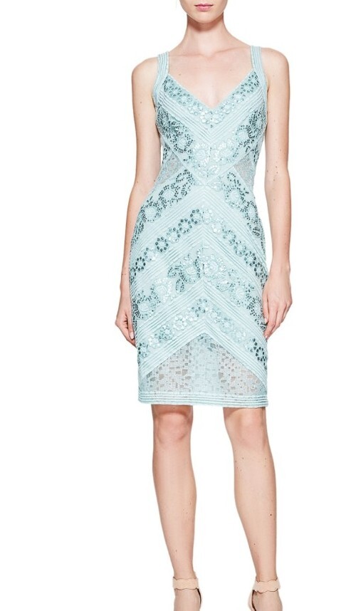 NEW Tadashi Shoji V Neck Sequined Sheath Cocktail Dress Sz 14 Frosted Jade Maia