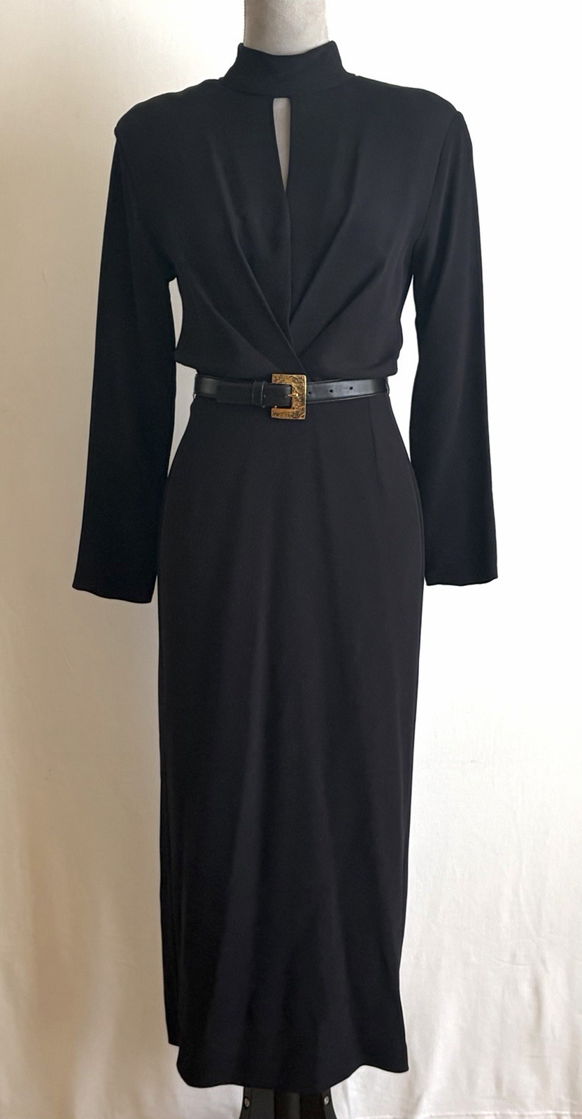 VTG CATHY HARDWICK 80s Black Crepe w Shoulder Pads Deep Front/Back Neckline Sz 6