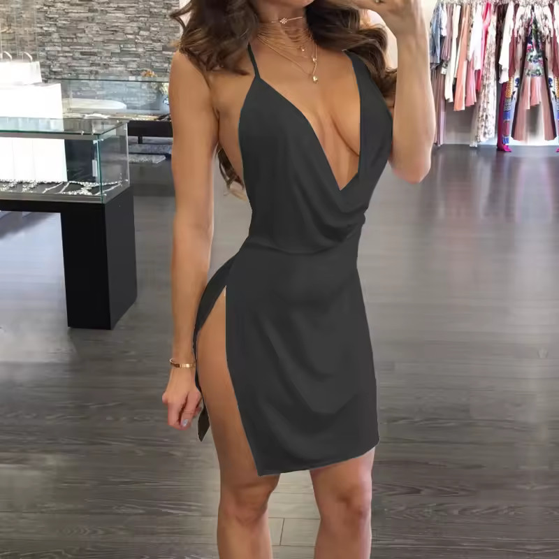 Black Backless Side Slit Halter Mini Dress Plunging V Neck Bodycon Lingerie