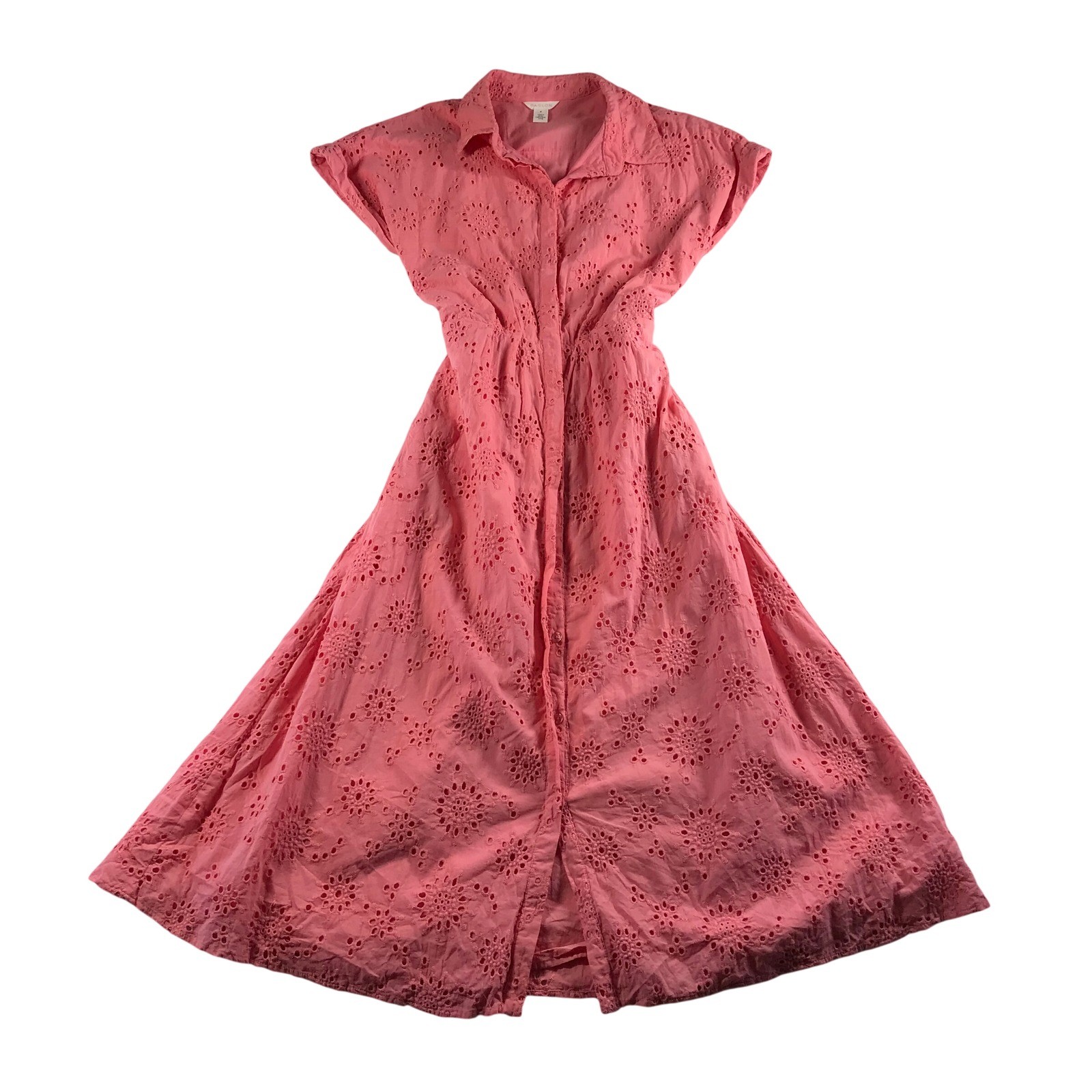 Caslon Coral Pink Eyelet Cotton Midi Dress Short Sleeve Button Front Medium