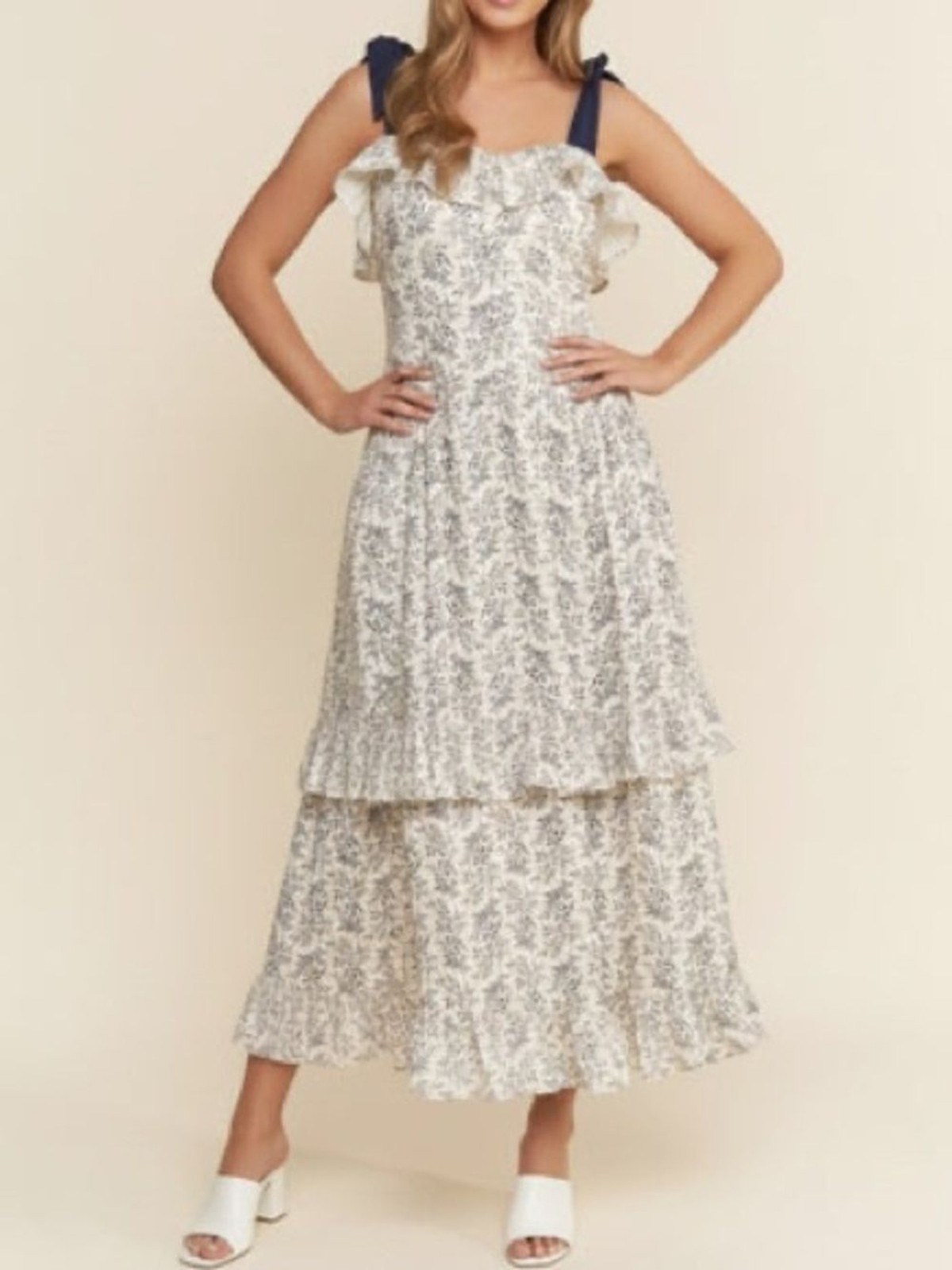 Cream Maxi Dress with Blue Floral Garden and Blue Tie Straps Euro Summer Small