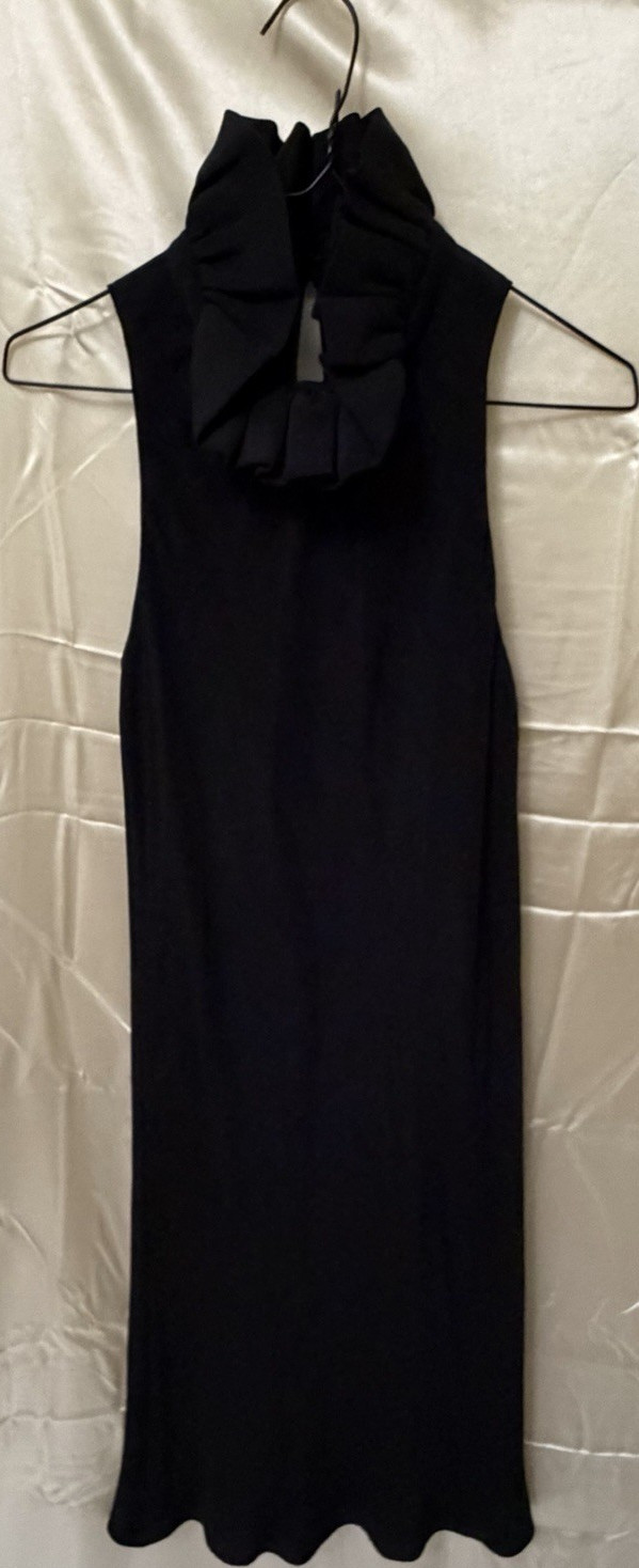 Flores & Flores Black Silk Ruffle High Neck Sleeveless Midi Dress Size 4