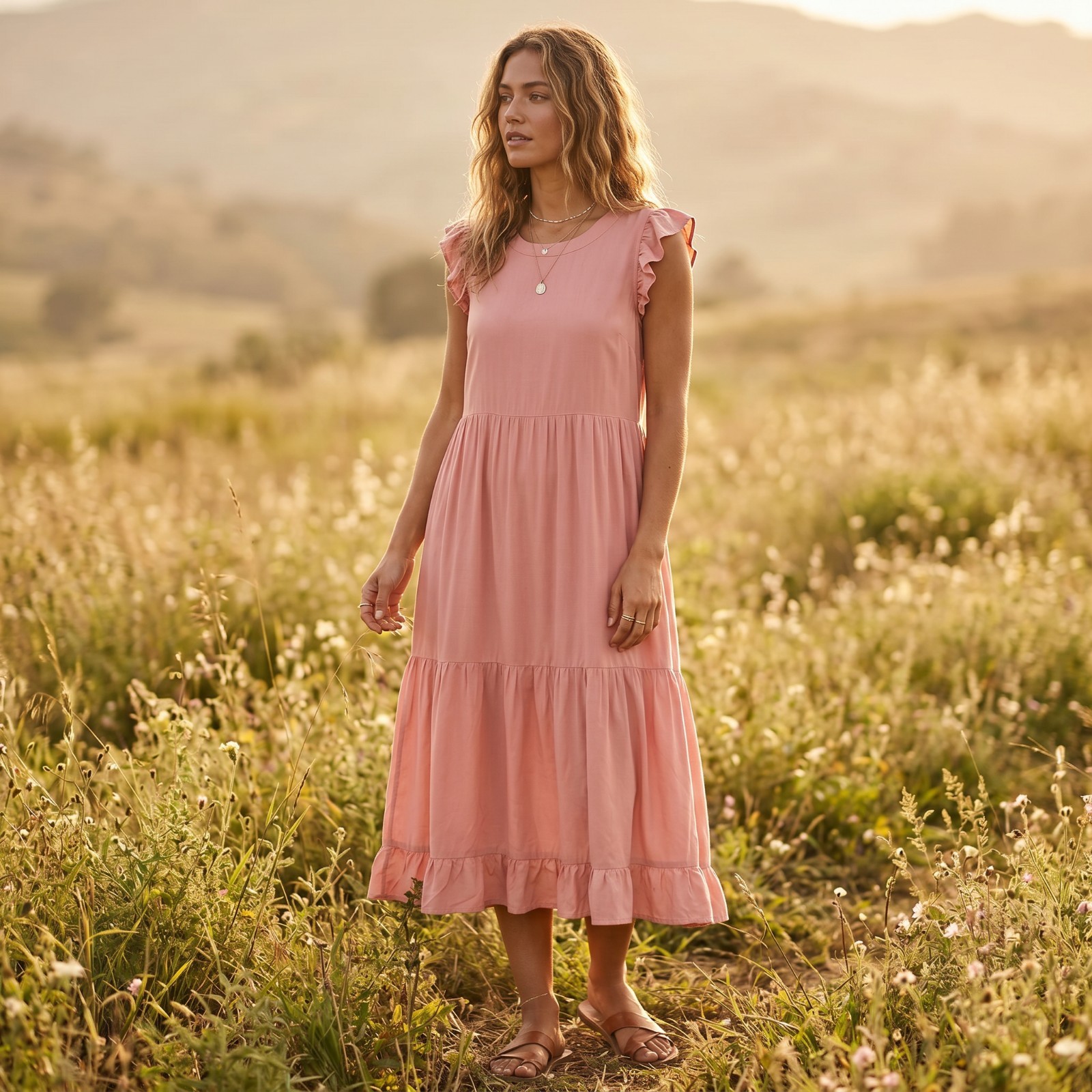 Jodifl Tiered Midi Dress S Pink Peach Ruffle Flutter Boho Coquette Fairy Ethreal