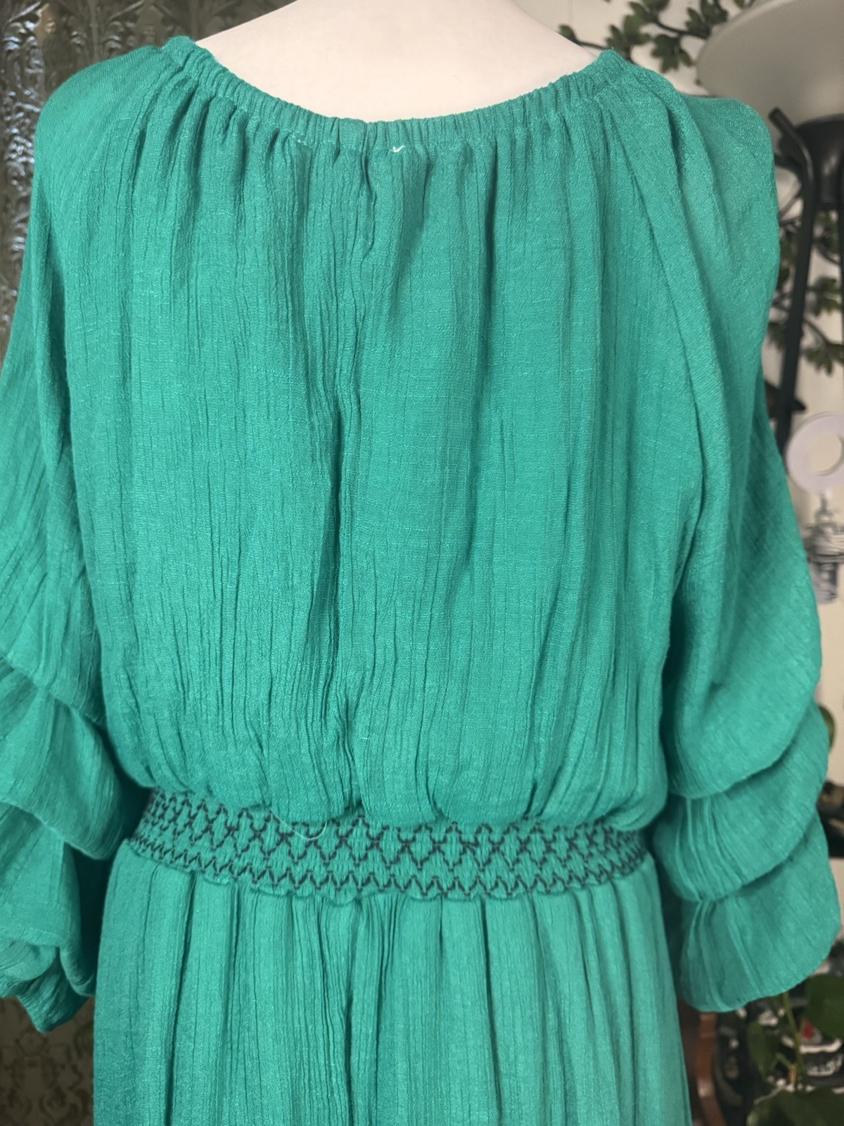 Indigo Rose Green Solid Smocked Waist Ruffle Sleeve Midi Dress Plus 2X