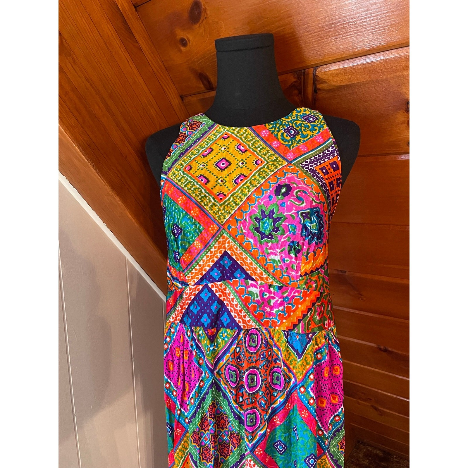 Vintage 70s Neon Rainbow Patchwork Maxi Dress sz S