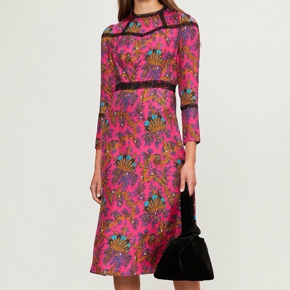 Sandro Paris Silk Midi Dress Sz 38 US 6 Medium Vibrant Pink