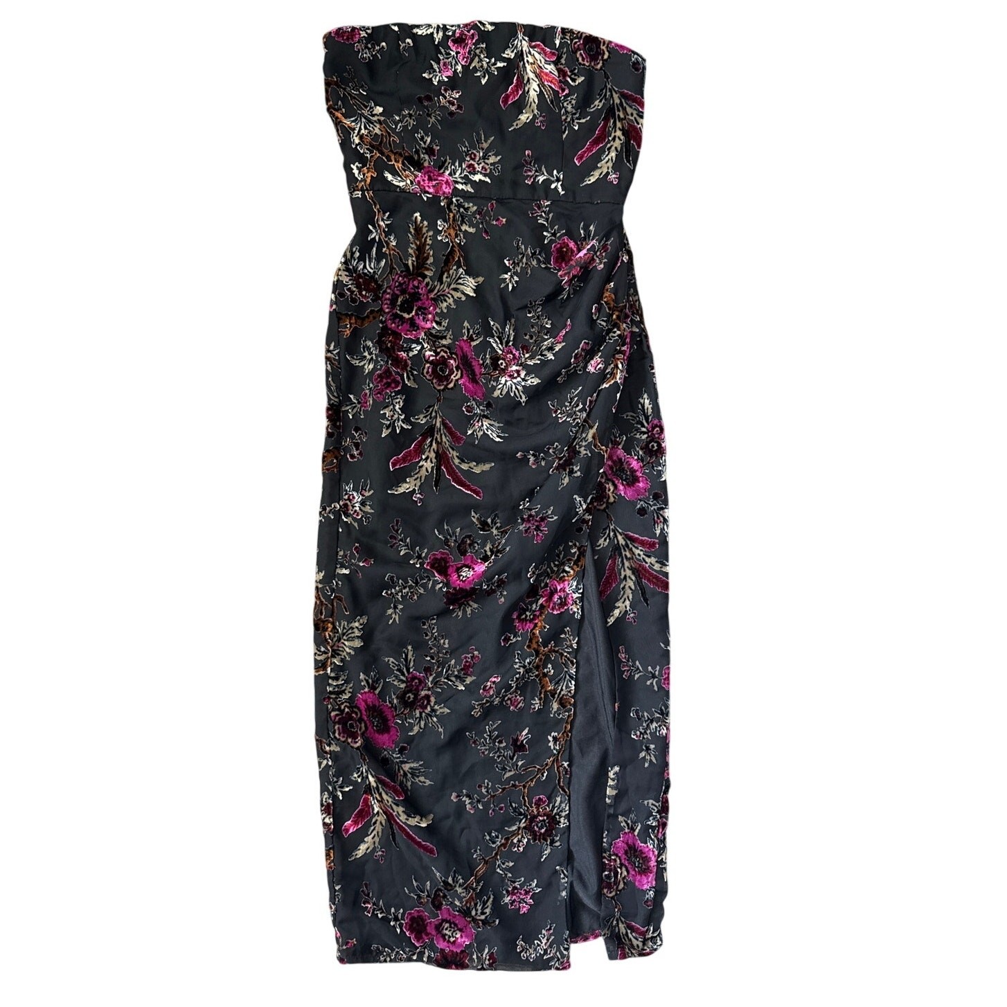 Showpo Jessel High Split Strapless Midi Dress Black Floral Size 2