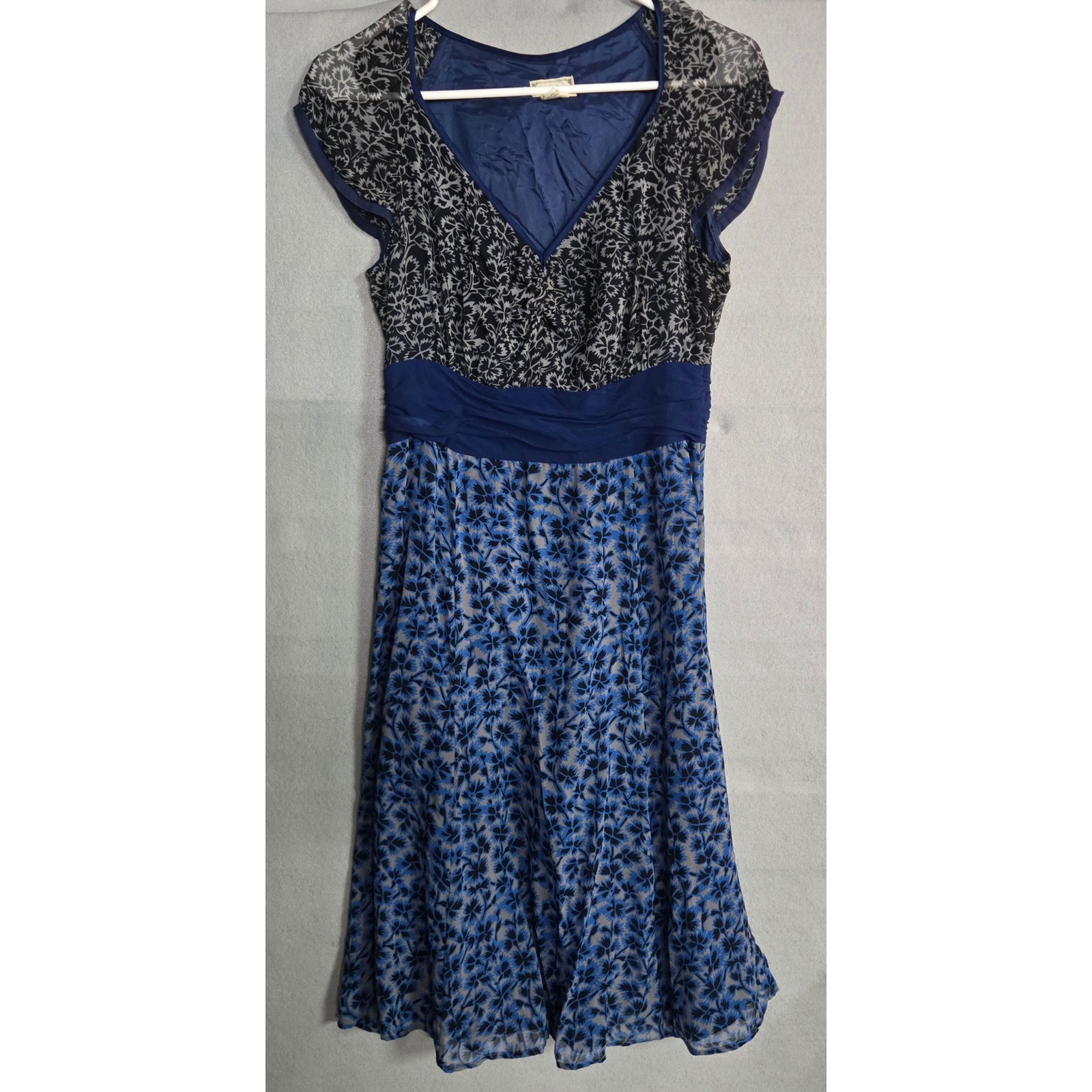 Viola 100% Silk Floral A-Line Dress Whimsigoth Cap Sleeve Royal Blue Black 6