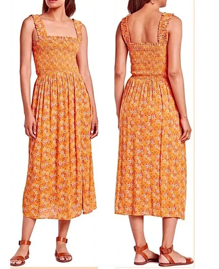 WAYF Floral Print Sleeveless Square Neck Smocked Midi Dress Orange Women’s Small