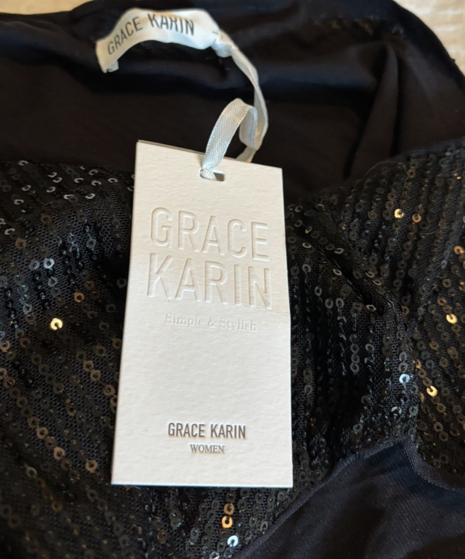 NWT Grace Karin Black Sequin One-Shoulder Cocktail Dress Size L Party Glam Club