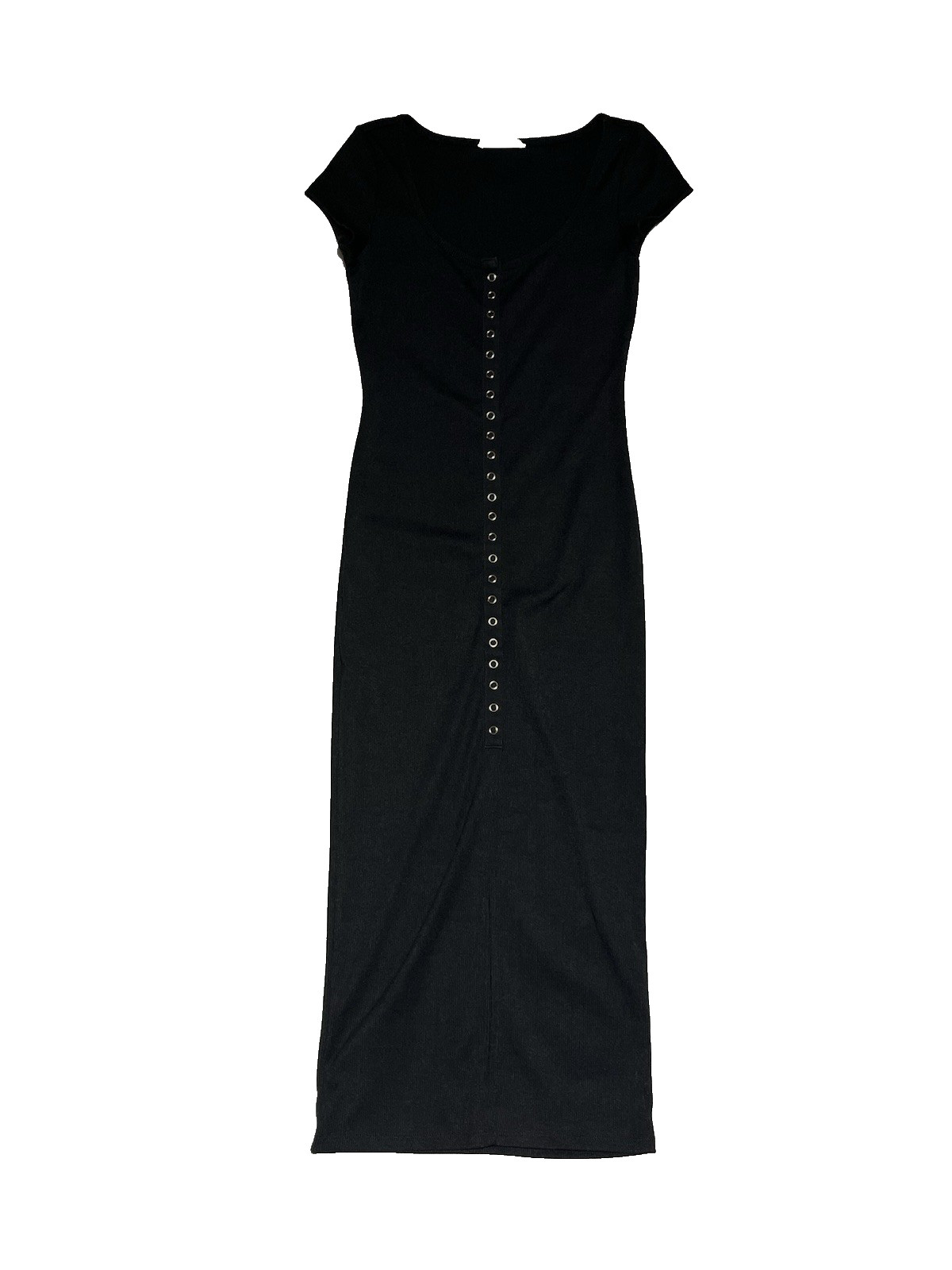 Elodie Snap Up Ribbed Midi Sheath Dress Womens Small Black Stretch Knit 90s Cap