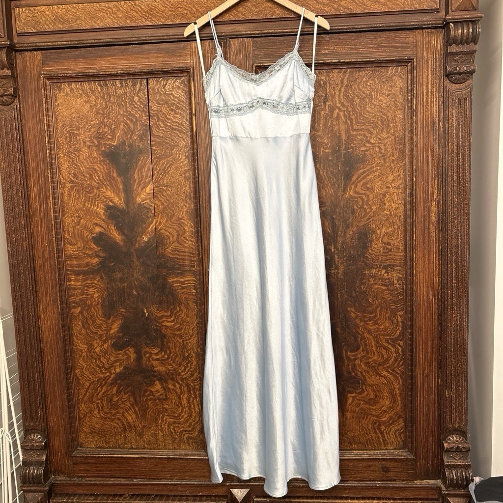 Saints And Secrets Baby Blue Satin Maxi Slip Dress With Lace Details Women’s 8