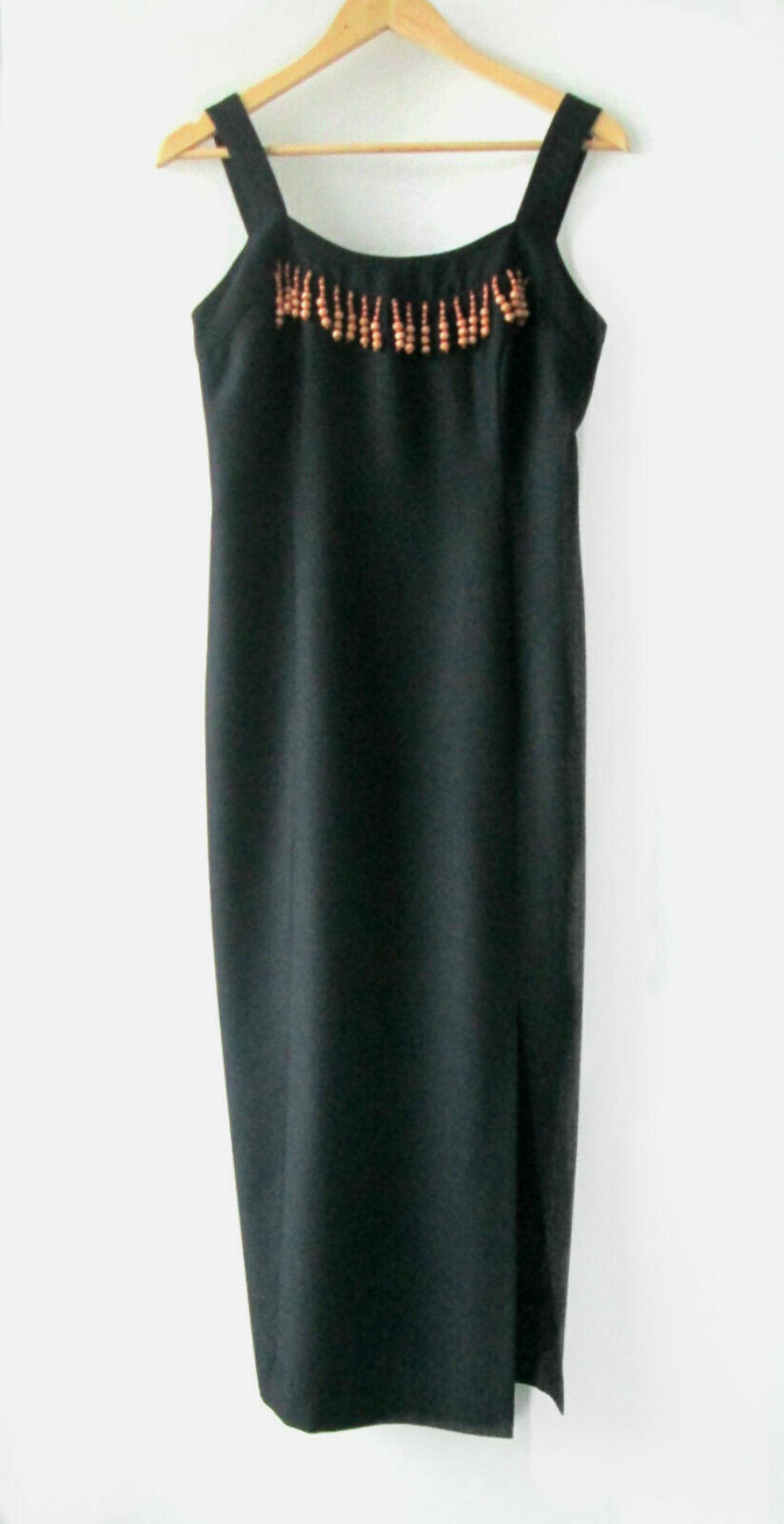Joseph Ribkoff Black Cotton sz 8 Wood Tribal Bead Trim Dress