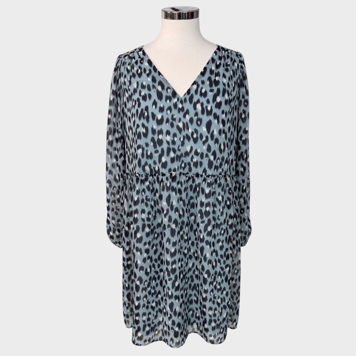 LOFT Medium Dress Blue Gray Black White Cheetah Print 100% Polyester