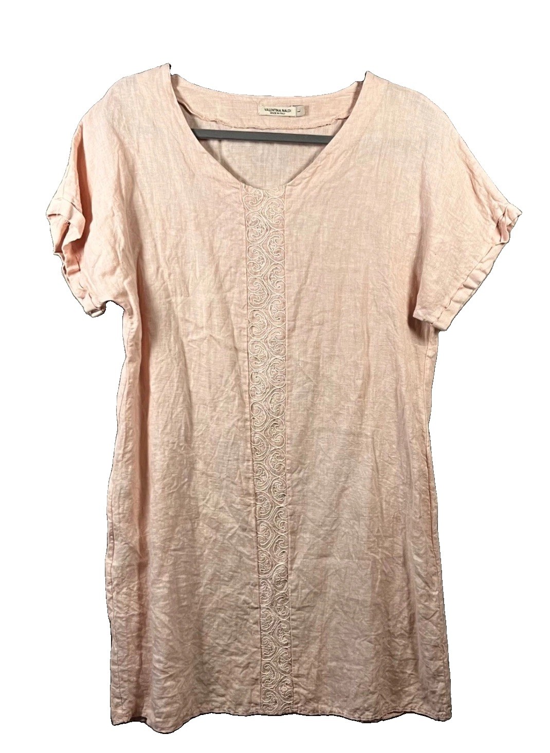 Valentina Naldi Womens Pink 100% Linen Embroidered V-Neck Shift Dress Italy L