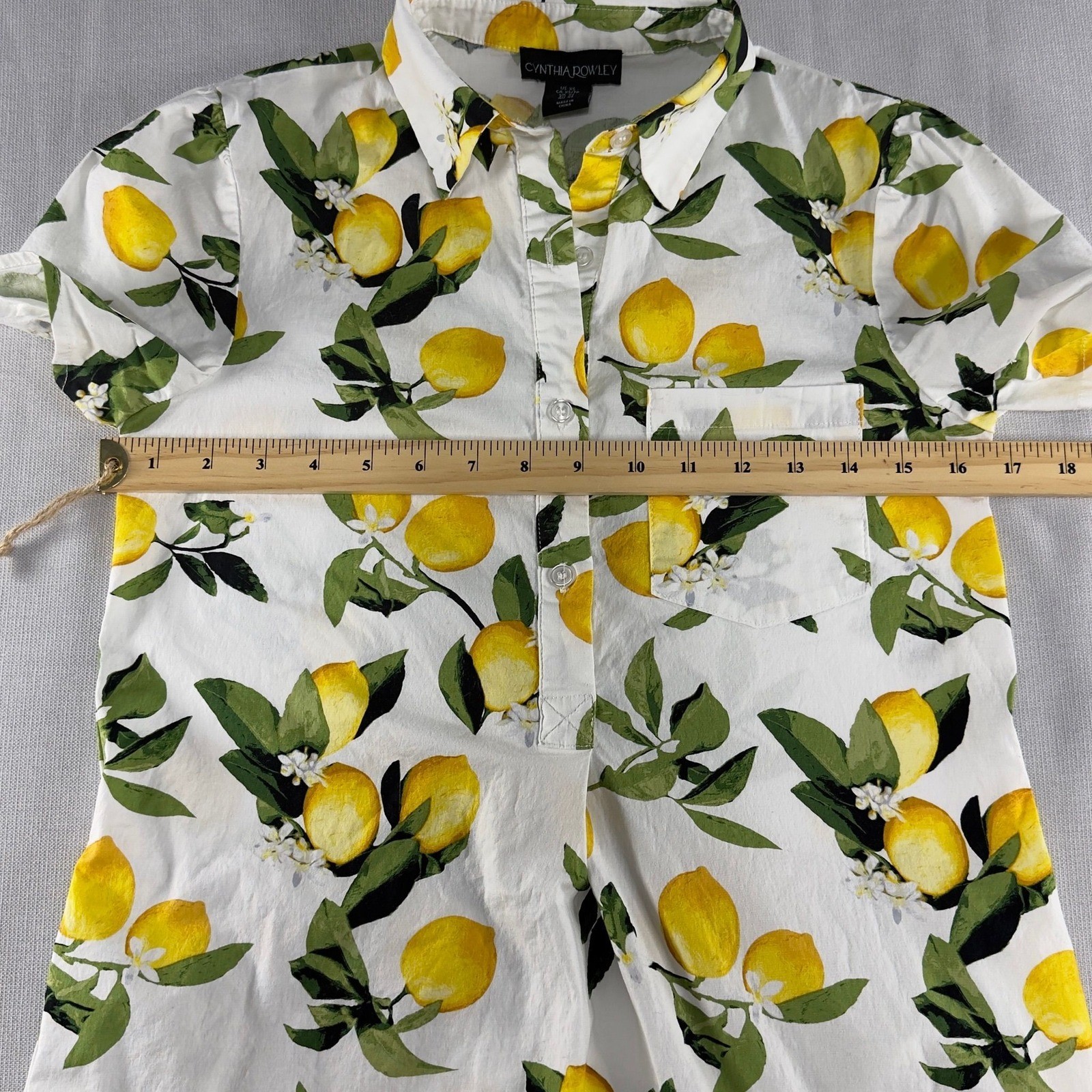 Cynthia Rowley Lemon Print Ruffle Hem Shirt Dress White Yellow Mini Small