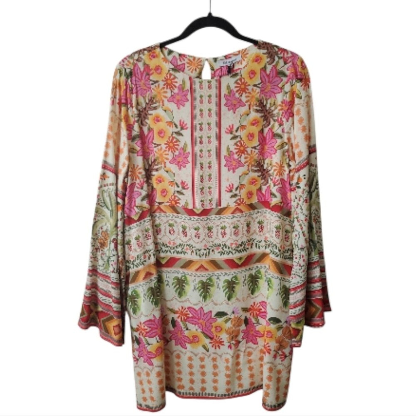 NWT Celina Moon Floral Boho Tunic Dress Bell Sleeve Pockets Large Resort