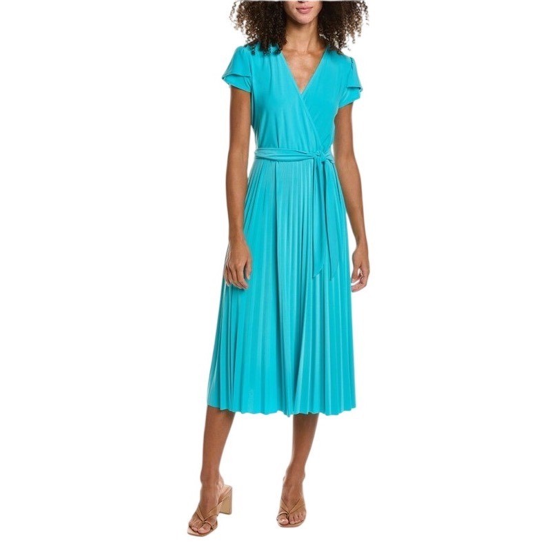 Joseph Ribkoff Turquoise Blue Pleated Wrap Midi Stretch Dress Size 4 Wedding