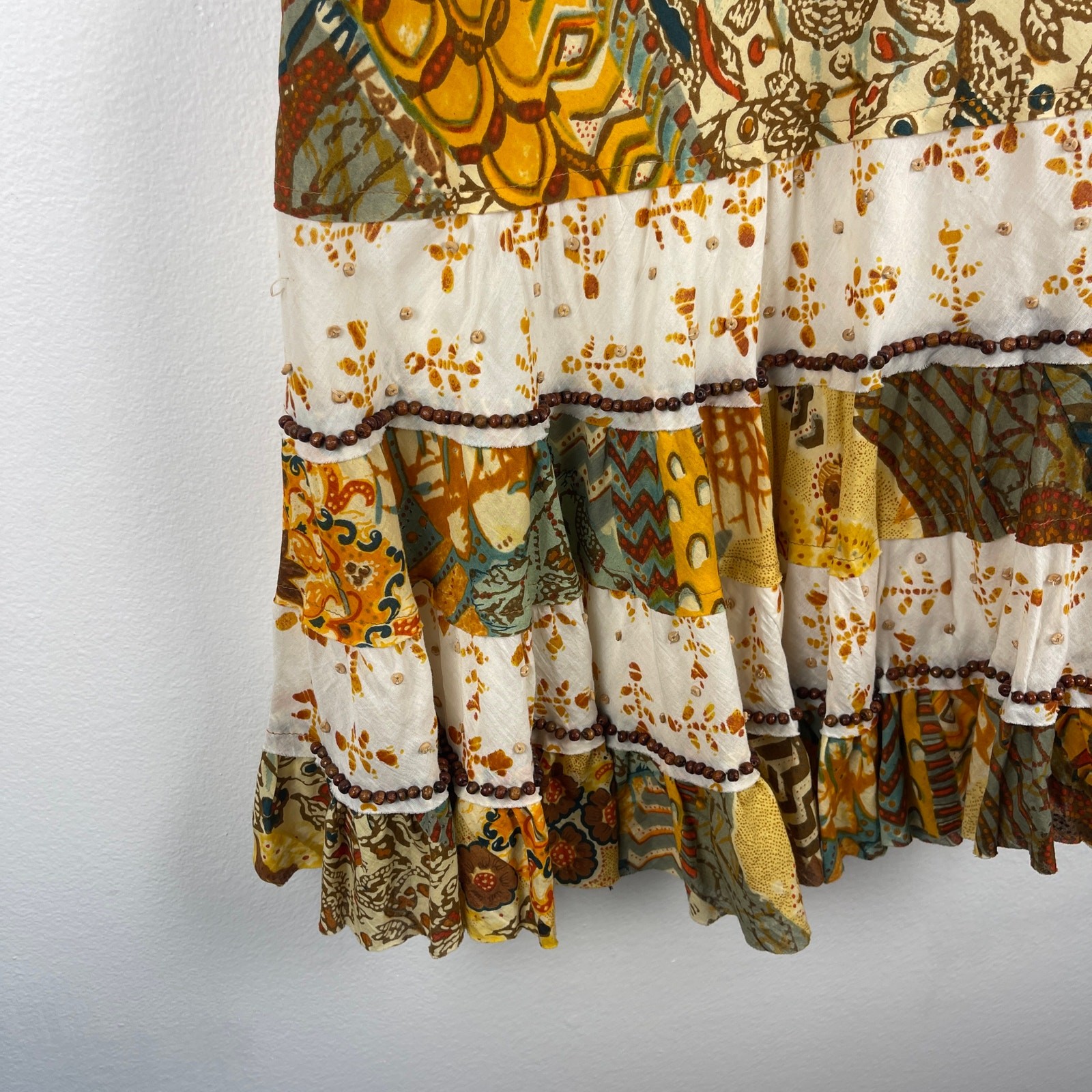 Alberto Makali Halter Cotton Brown Yellow Printed Beaded Boho Dress Women’s 8