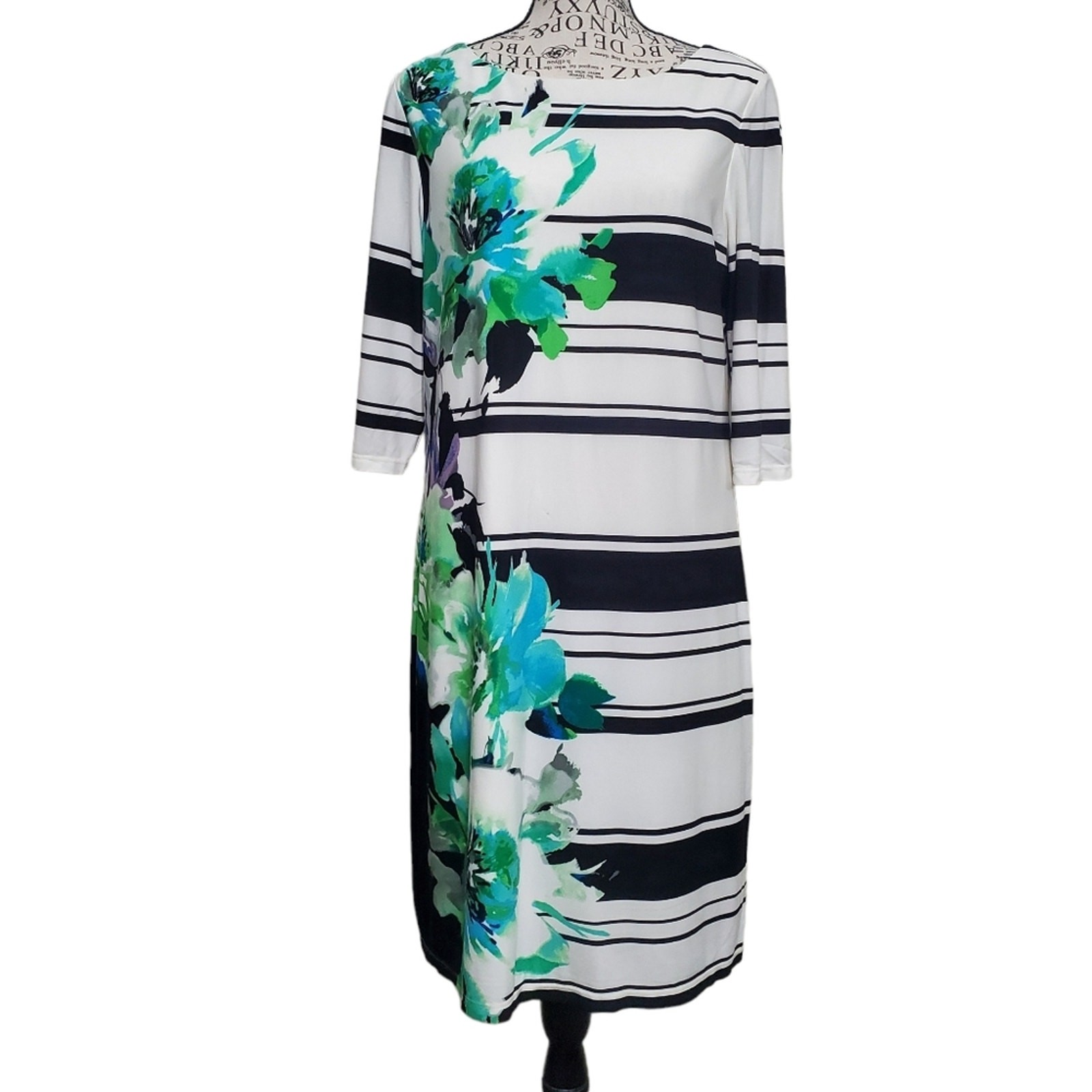 Studio One New York Cream & Black Striped Green Floral Print Midi Dress Medium