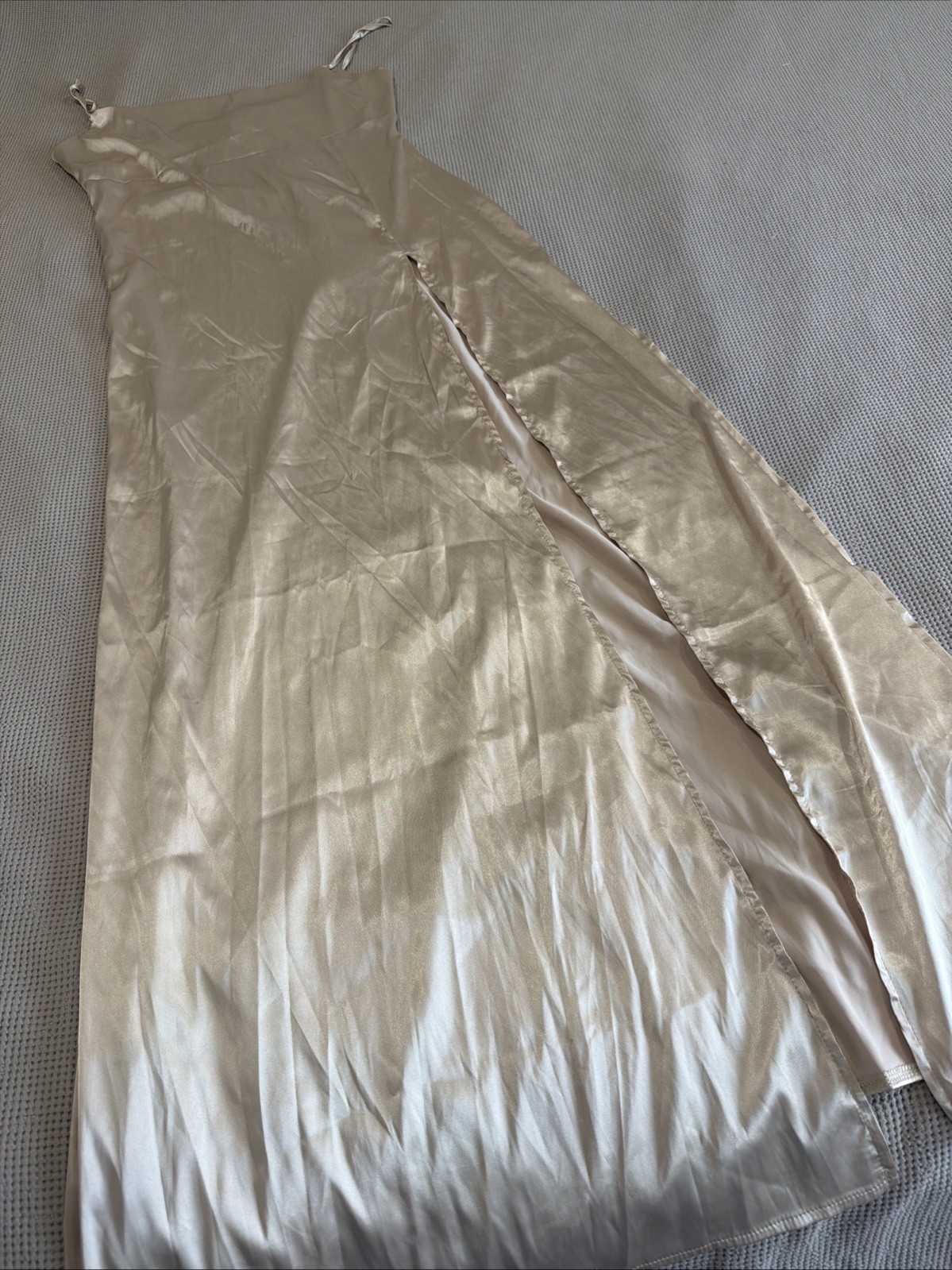 Cream, Long Dress, High Slit Spaghetti Straps Adjustable Zip Up In The Back L