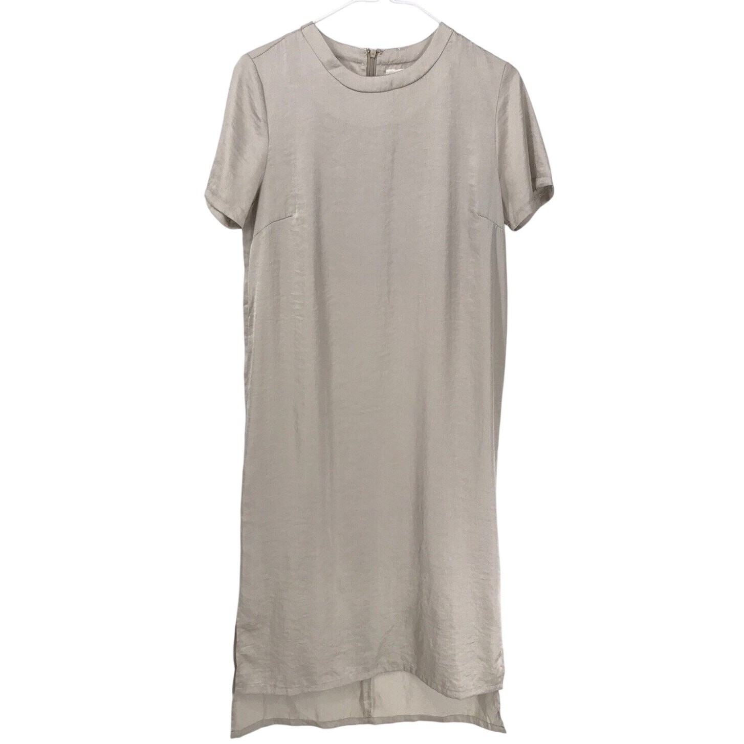 MOD REF Champagne Short Sleeve Crinkle Satin Midi Straight Shift Dress Size S