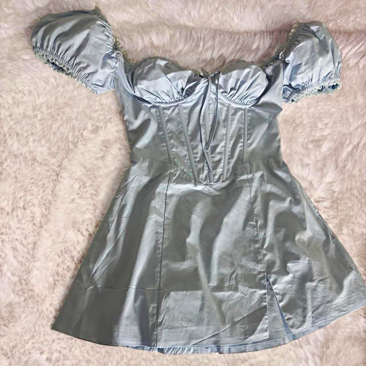 NWT Babyboo Blue Satin Sweetheart Corset Mini Dress Puff Sleeves Lace Trim M