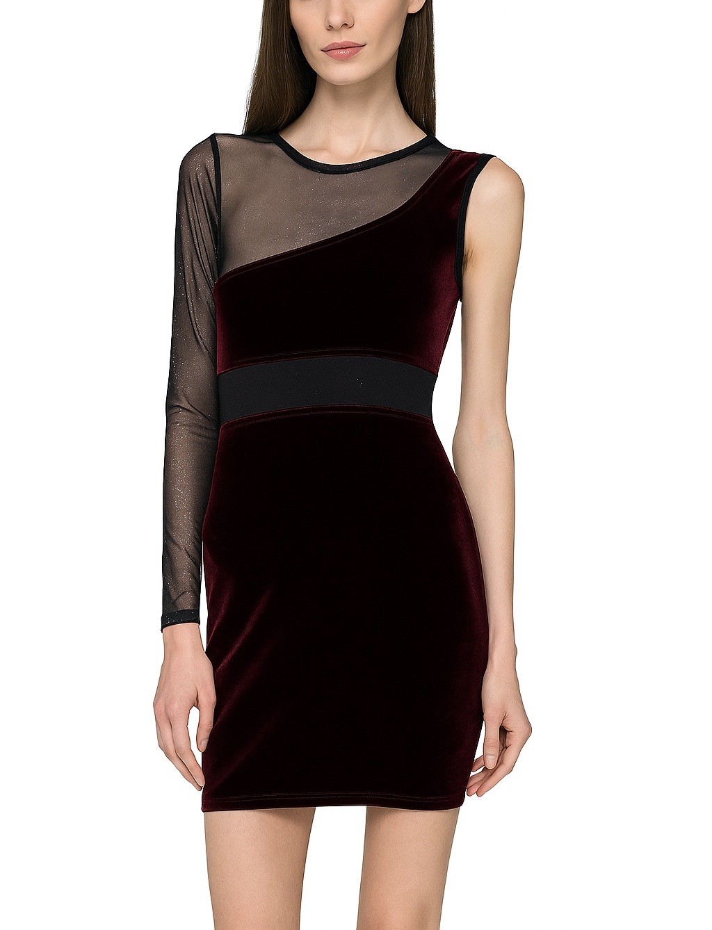 Paris Velvet Mesh Asymmetrical Mini Dress Burgundy One Sleeve Bodycon Dress S
