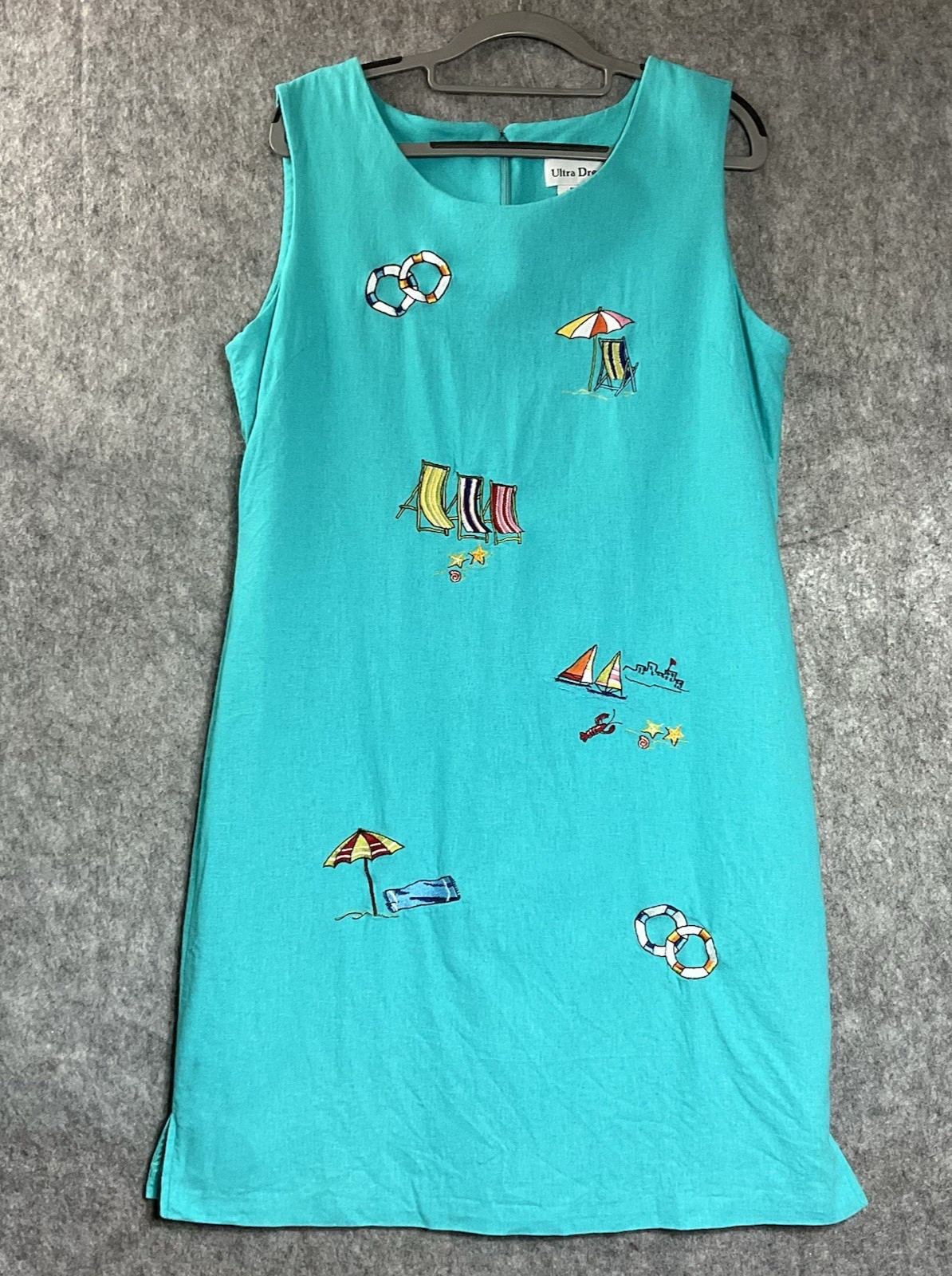 Ultra Dress Womens XL Teal Embroidered Tropical Sleeveless Linen Blend Coastal