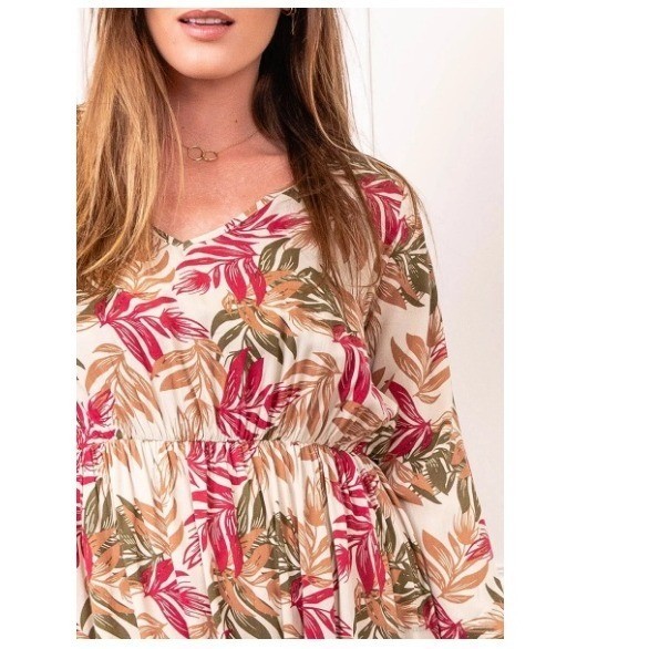 Parisian NWT Tropical Leaf Maxi Dress S 100% Cotton Pink Green Long Slv $158